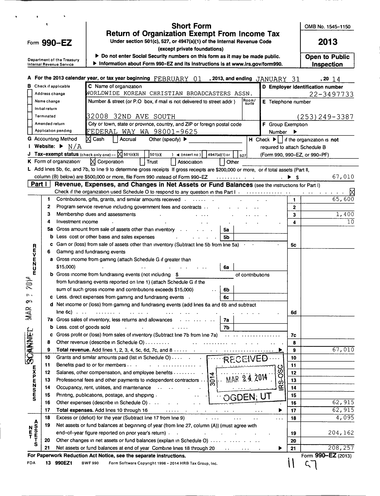 Image of first page of 2013 Form 990EZ for Worldwide Korean Christian Broadcasters Association