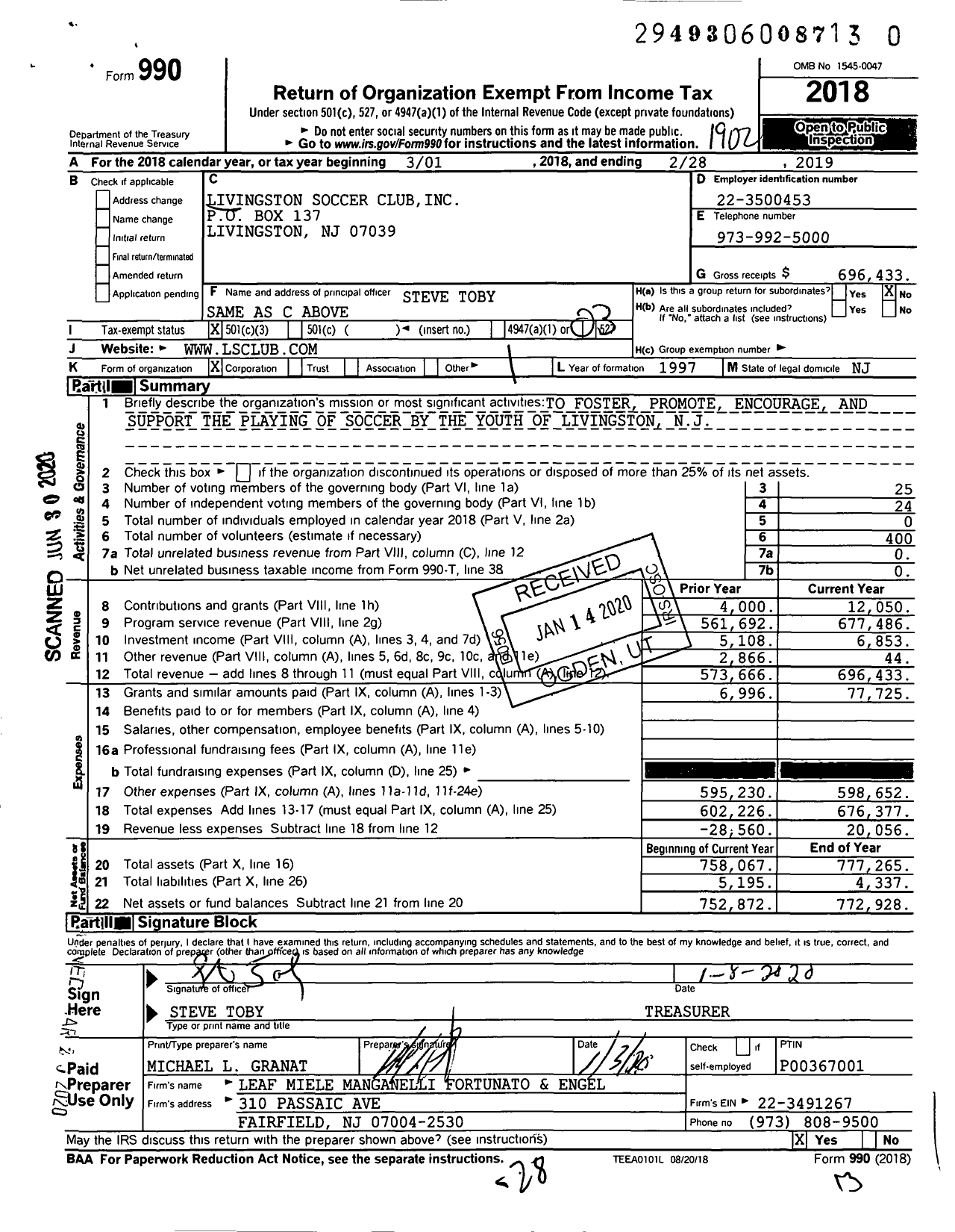 Image of first page of 2018 Form 990 for Livingston Soccer Club