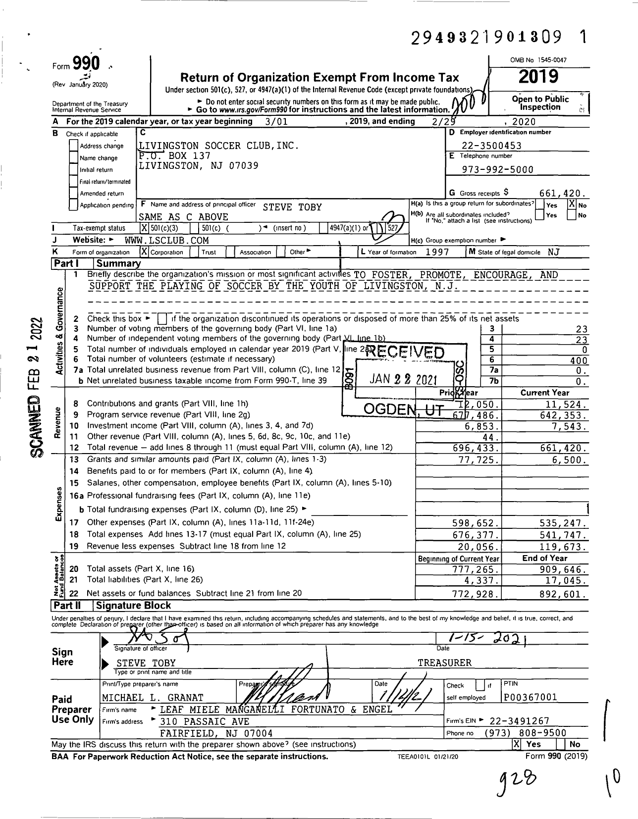Image of first page of 2019 Form 990 for Livingston Soccer Club