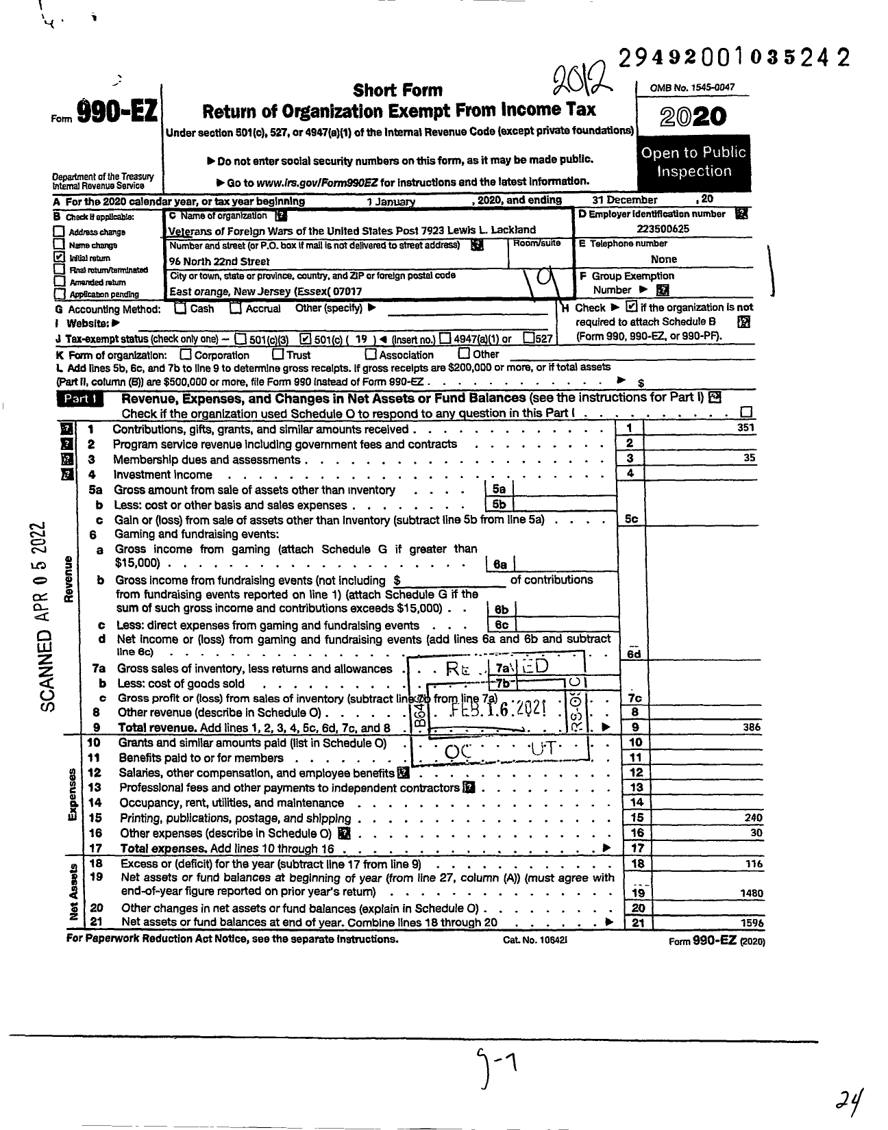 Image of first page of 2020 Form 990EO for Department of New Jersey VFW - 7923 Post PFC Lewis L Lackland