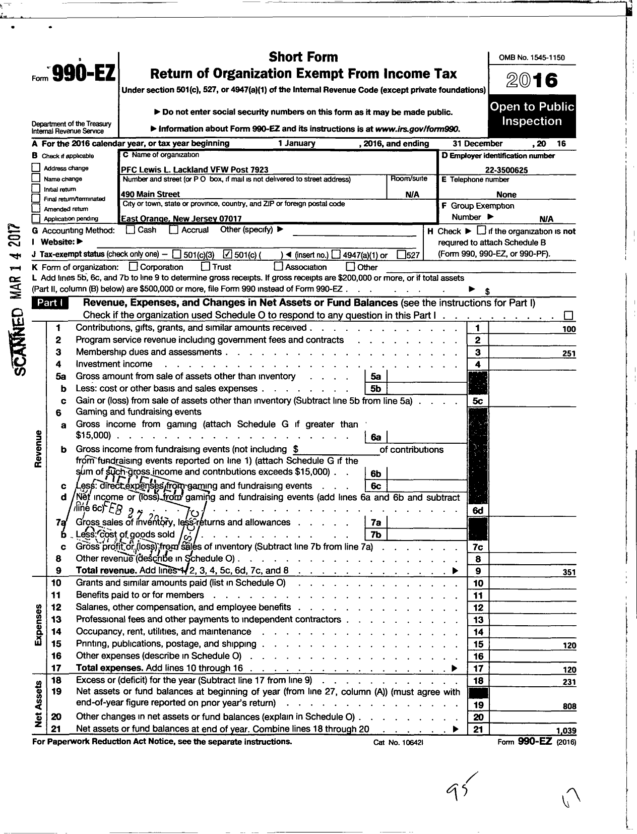 Image of first page of 2016 Form 990EO for Department of New Jersey VFW - 7923 Post PFC Lewis L Lackland