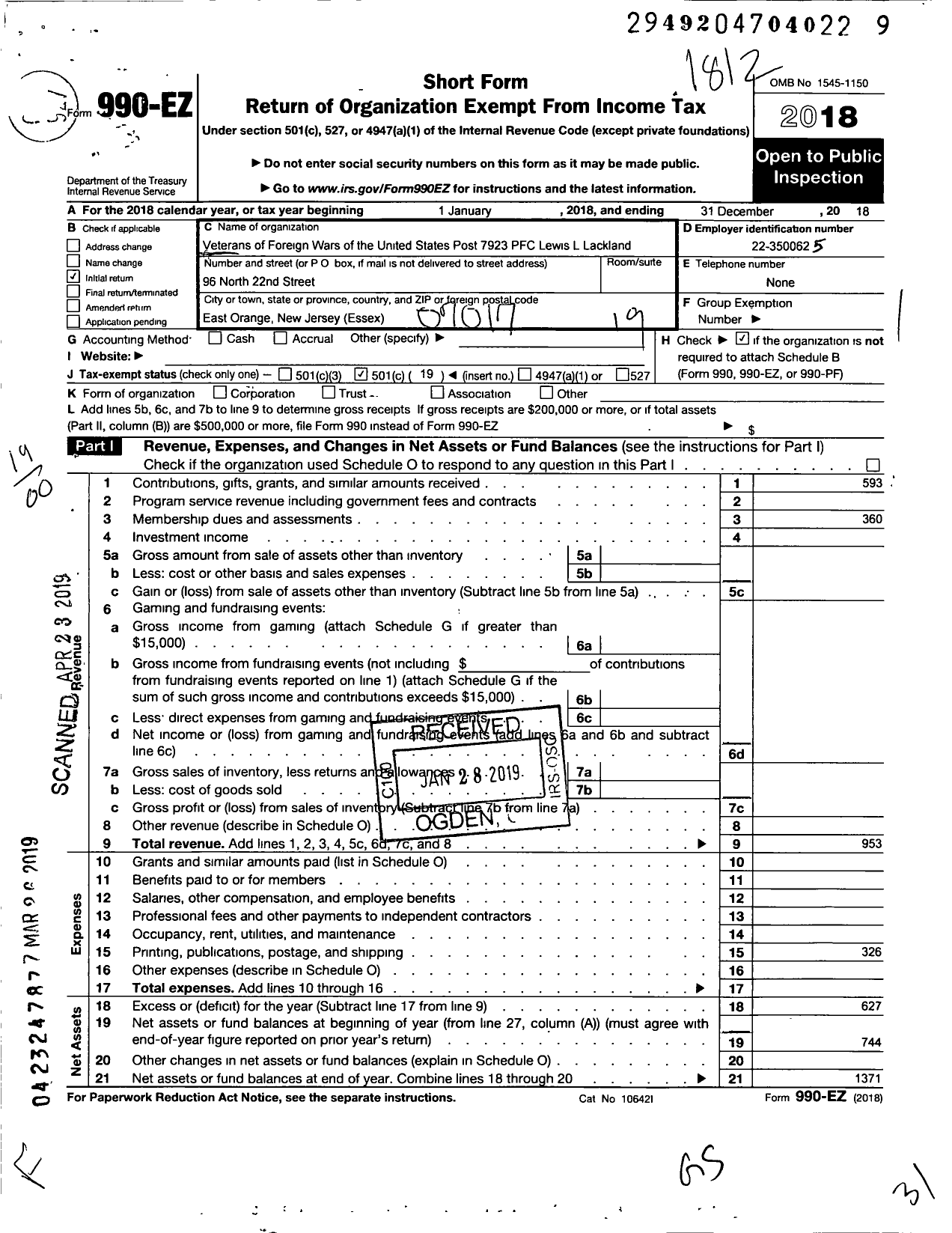 Image of first page of 2018 Form 990EO for Department of New Jersey VFW - 7923 Post PFC Lewis L Lackland