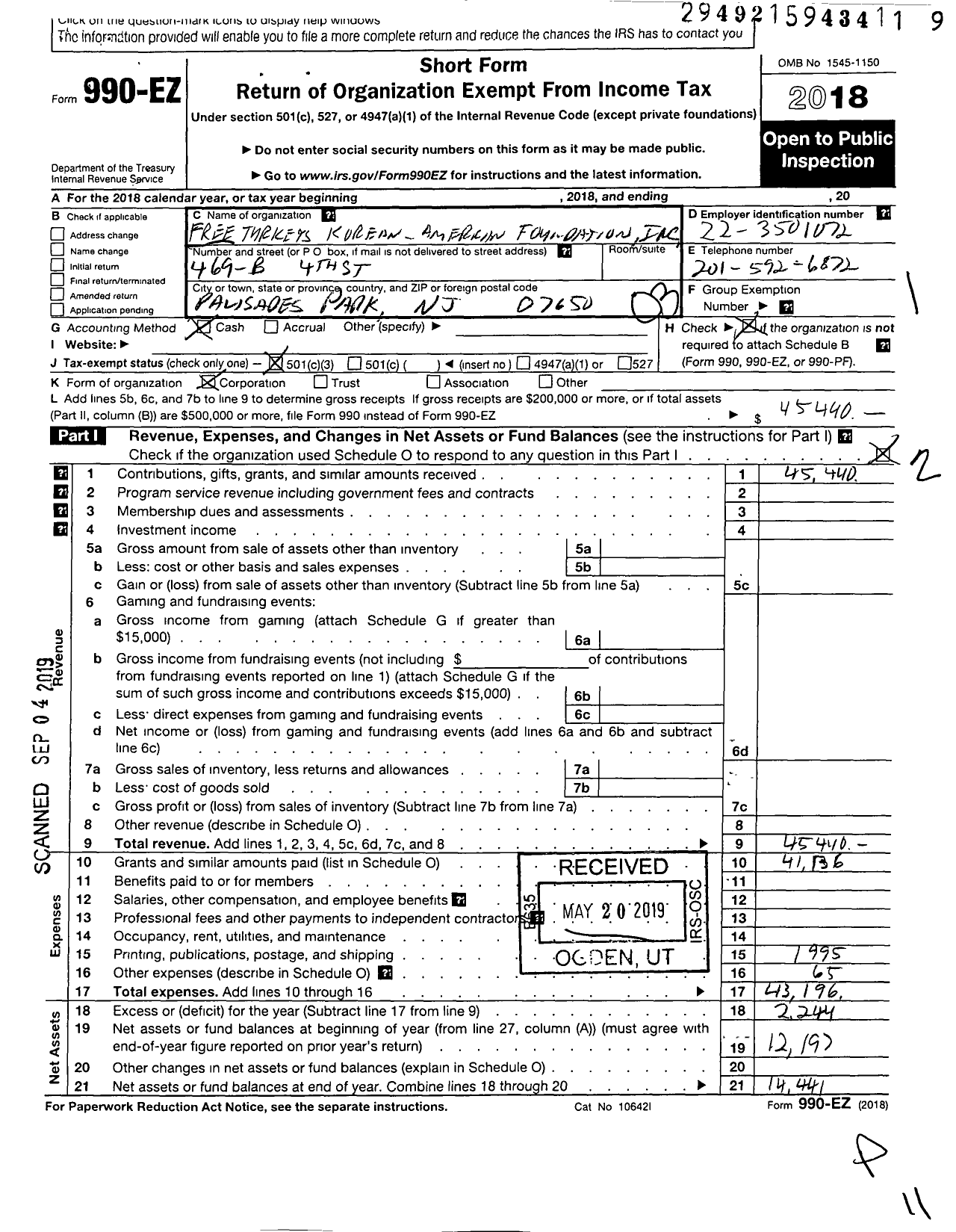 Image of first page of 2018 Form 990EZ for Free Turkeys Korean-American Foundation Corporation