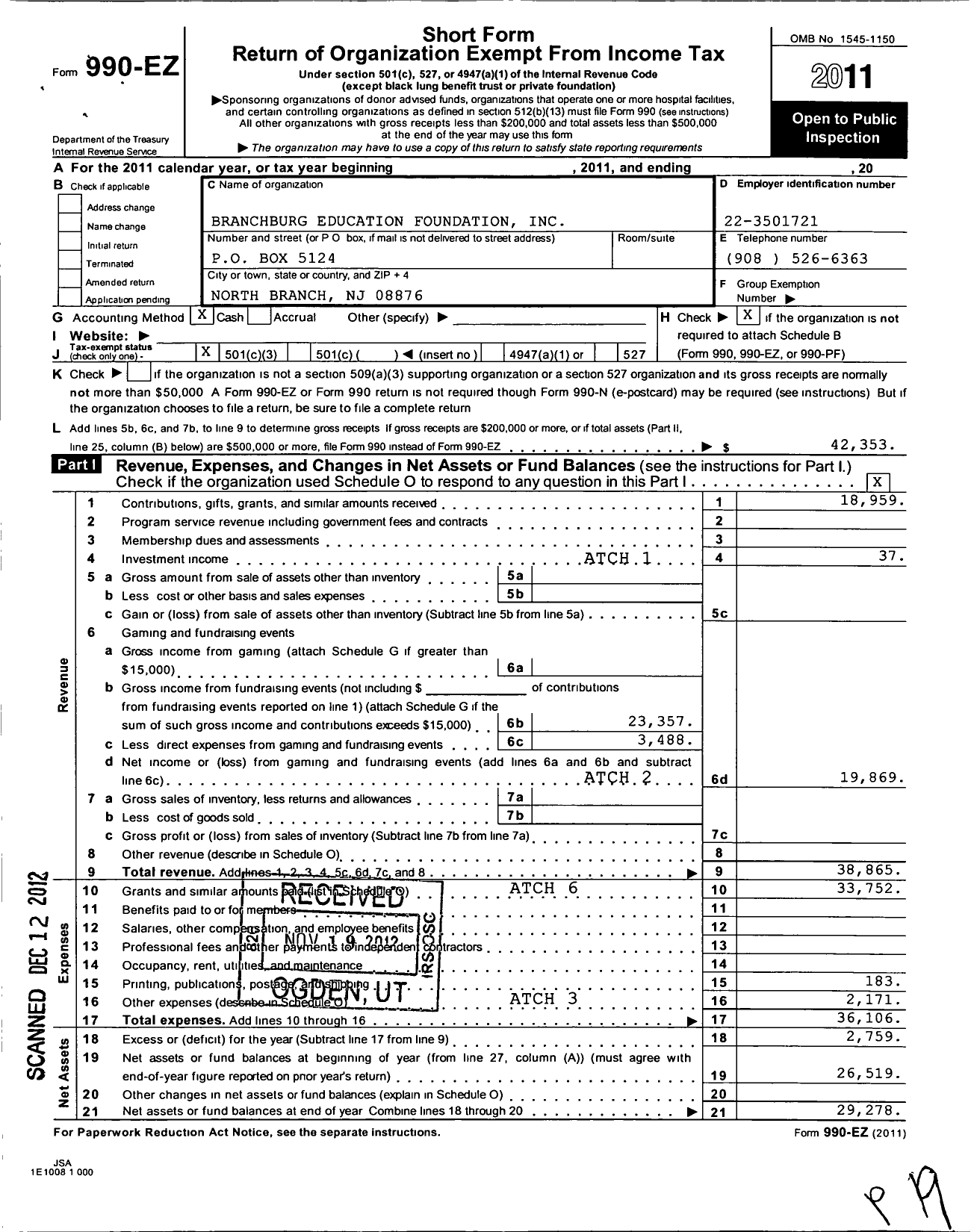 Image of first page of 2011 Form 990EZ for Branchburg Education Foundation