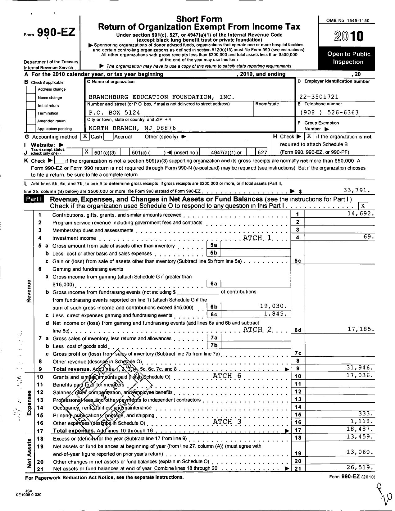 Image of first page of 2010 Form 990EZ for Branchburg Education Foundation