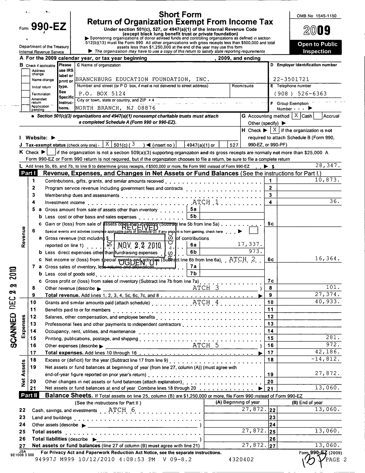 Image of first page of 2009 Form 990EZ for Branchburg Education Foundation