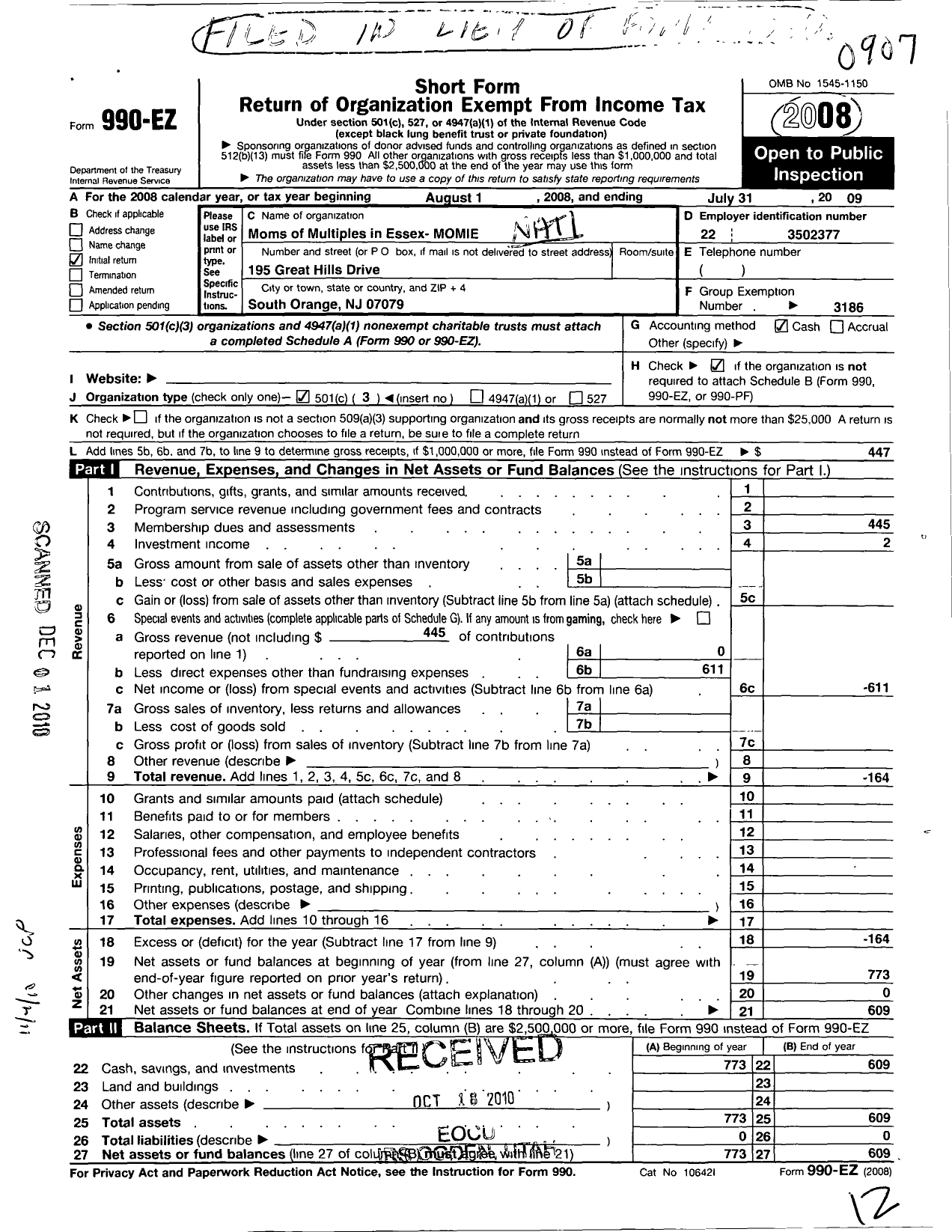 Image of first page of 2008 Form 990EZ for National Organization of Mothers of Twins Clubs / Momie Moms of Mult in Essex