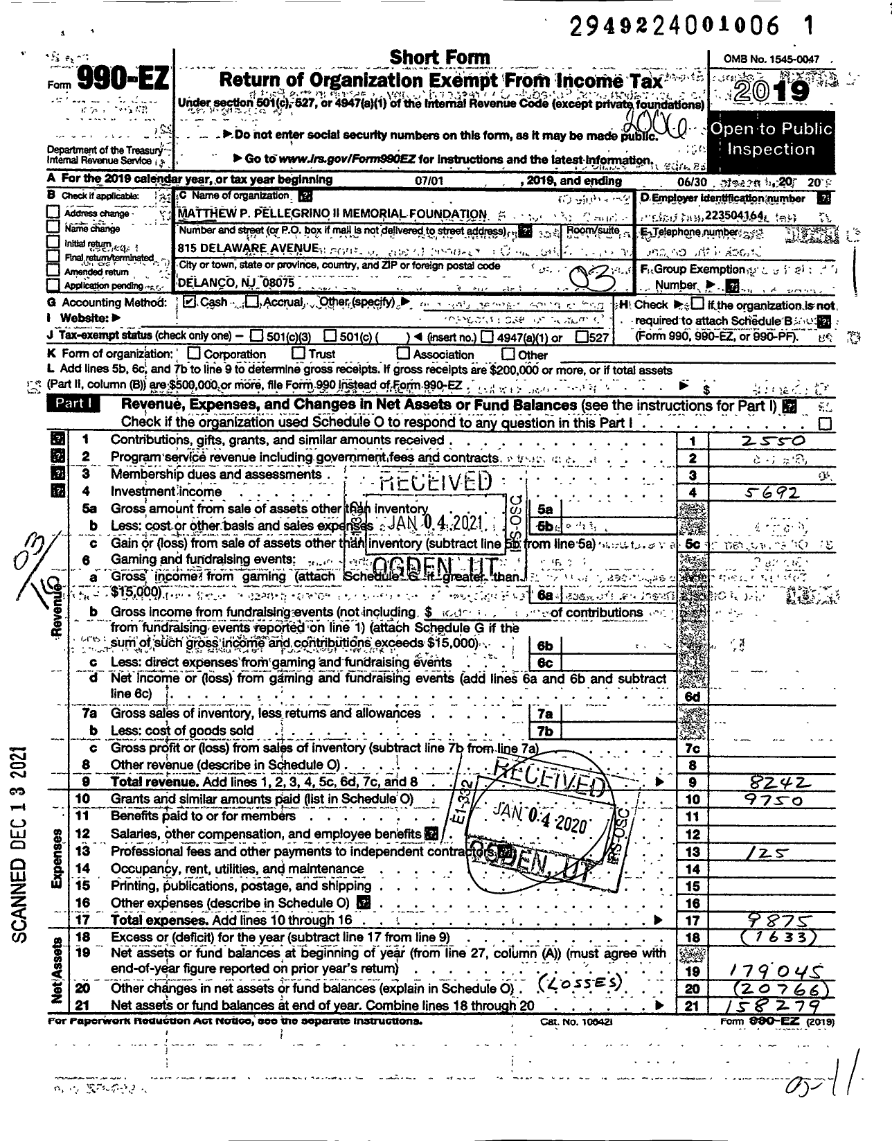 Image of first page of 2019 Form 990EZ for Matthew P Pellegrino Ii Memorial Foundation