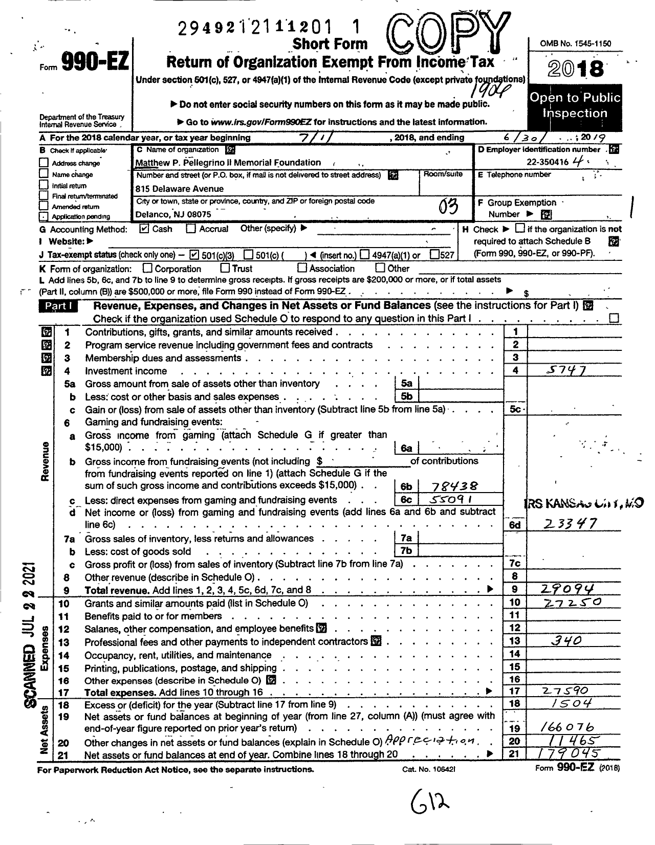 Image of first page of 2018 Form 990EZ for Matthew P Pellegrino Ii Memorial Foundation