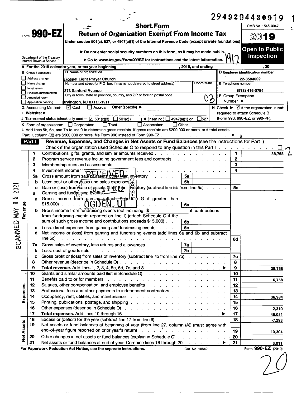 Image of first page of 2019 Form 990EZ for Gospel Light Prayer Church