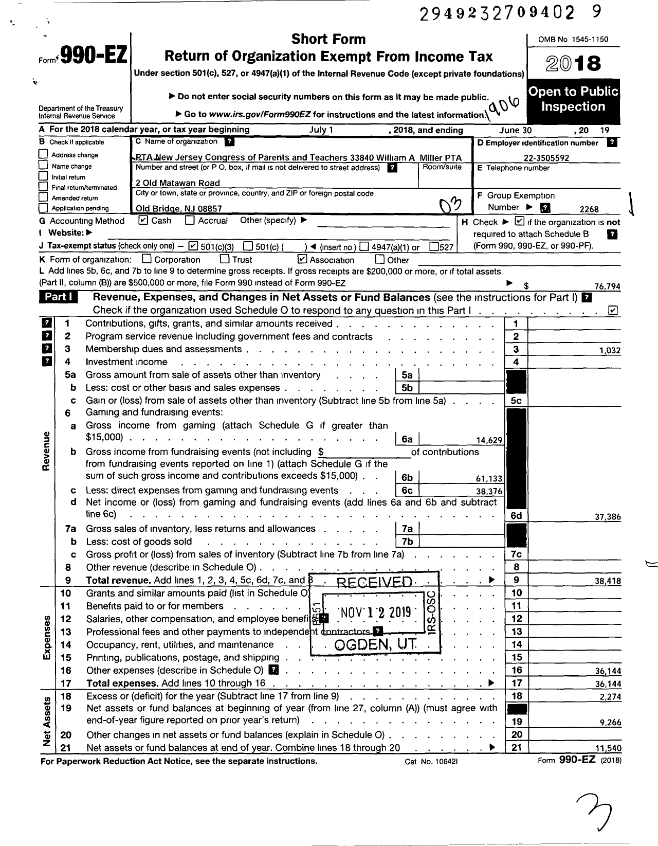 Image of first page of 2018 Form 990EZ for New Jersey PTA - 33840 William A Miller School PTA