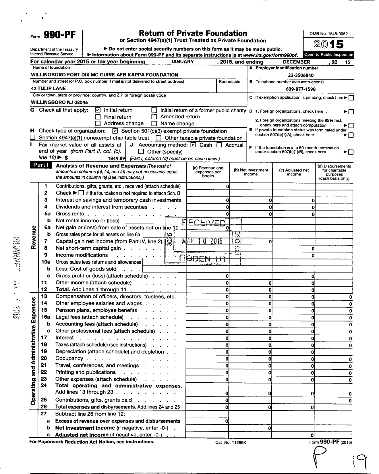 Image of first page of 2015 Form 990PF for Wilingboro Fort Dix MC Guire Afb Kappa Foundation