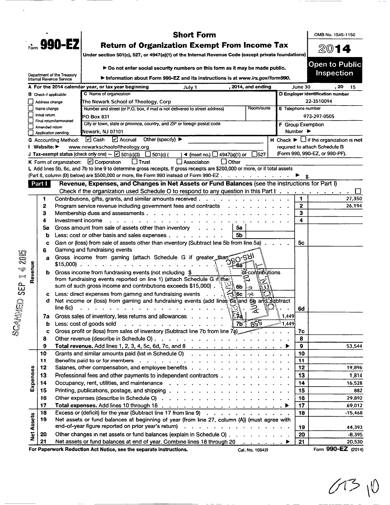 Image of first page of 2014 Form 990EZ for The Newark School of Theology