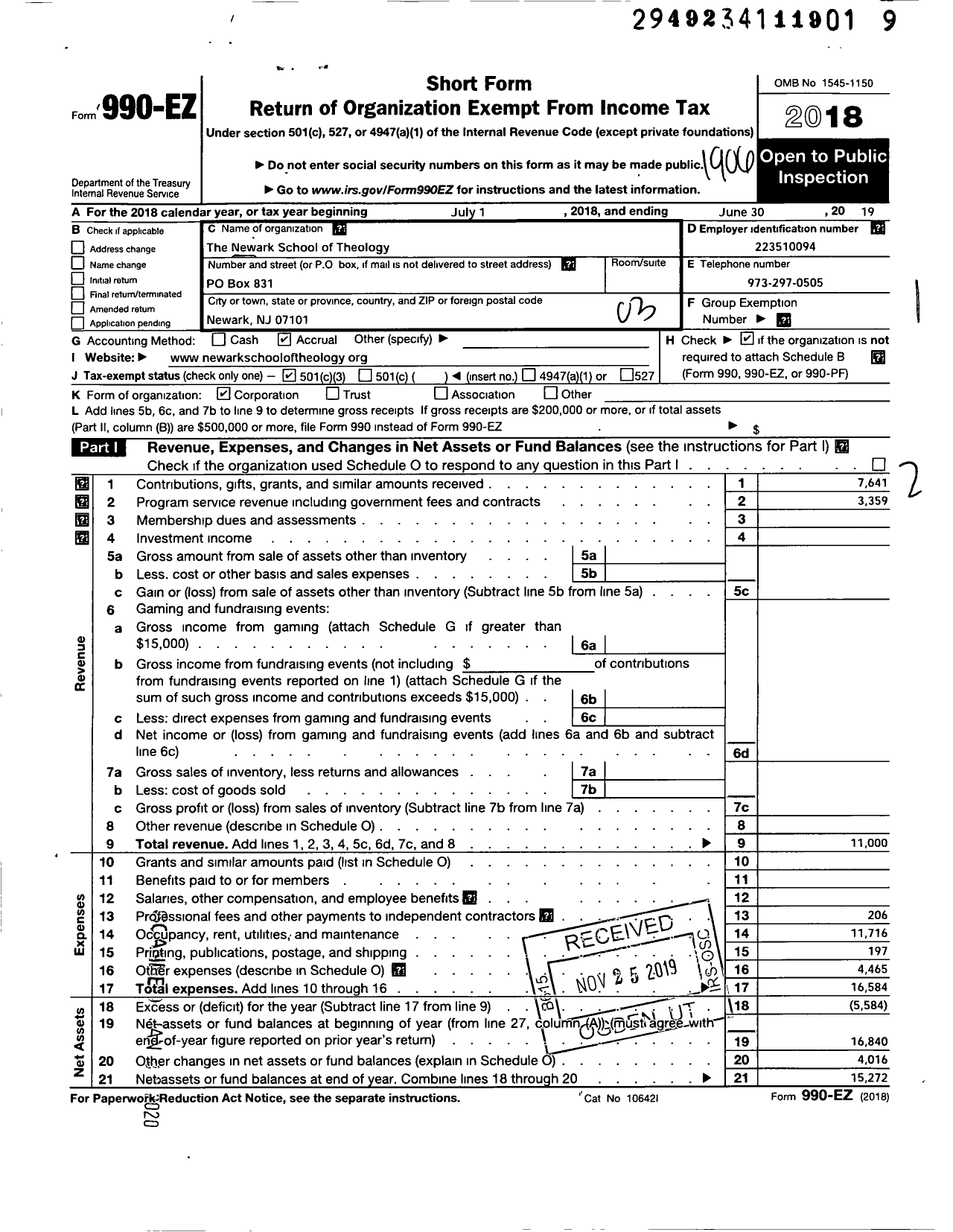 Image of first page of 2018 Form 990EZ for The Newark School of Theology