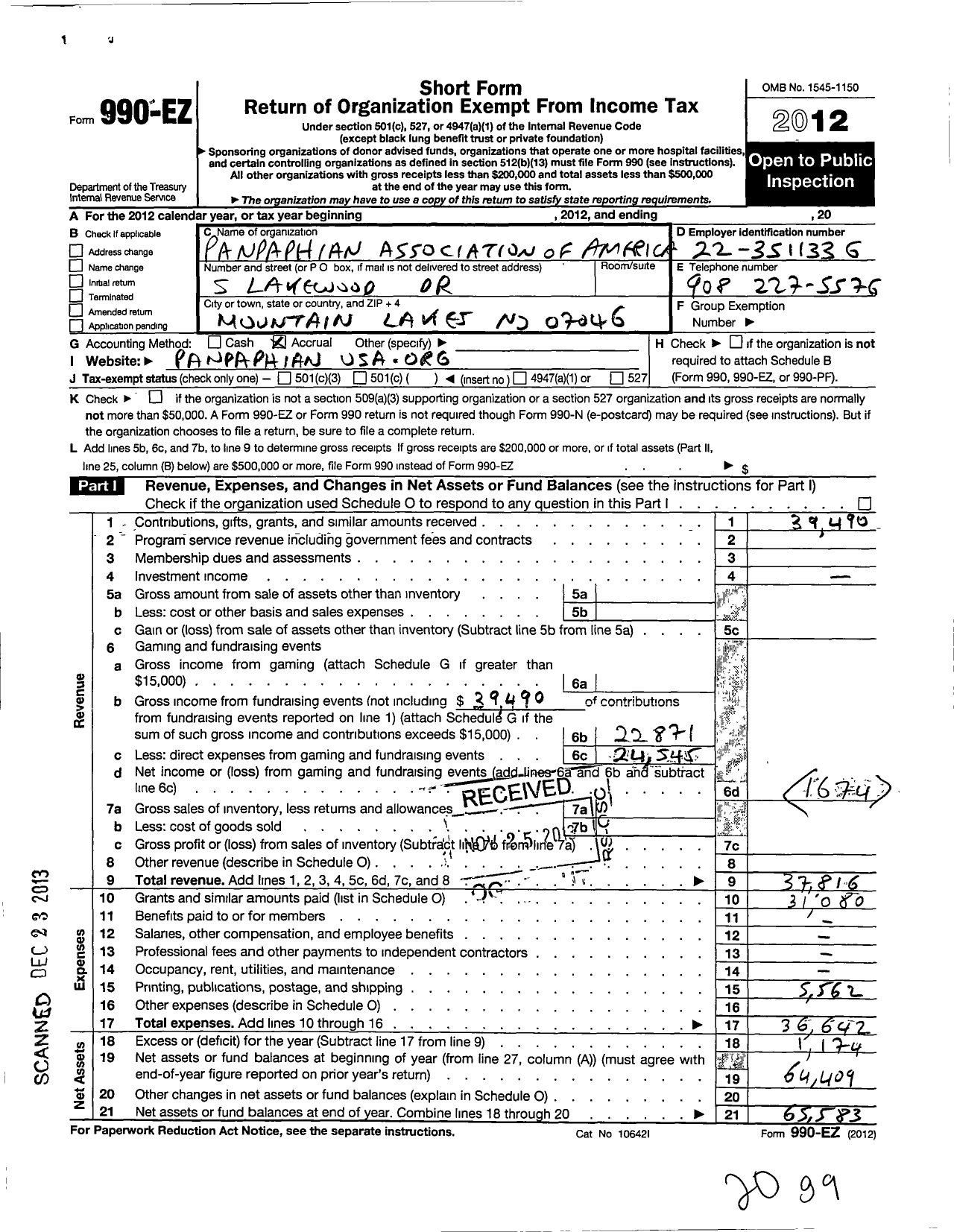 Image of first page of 2012 Form 990EO for Panpaphian Association of America