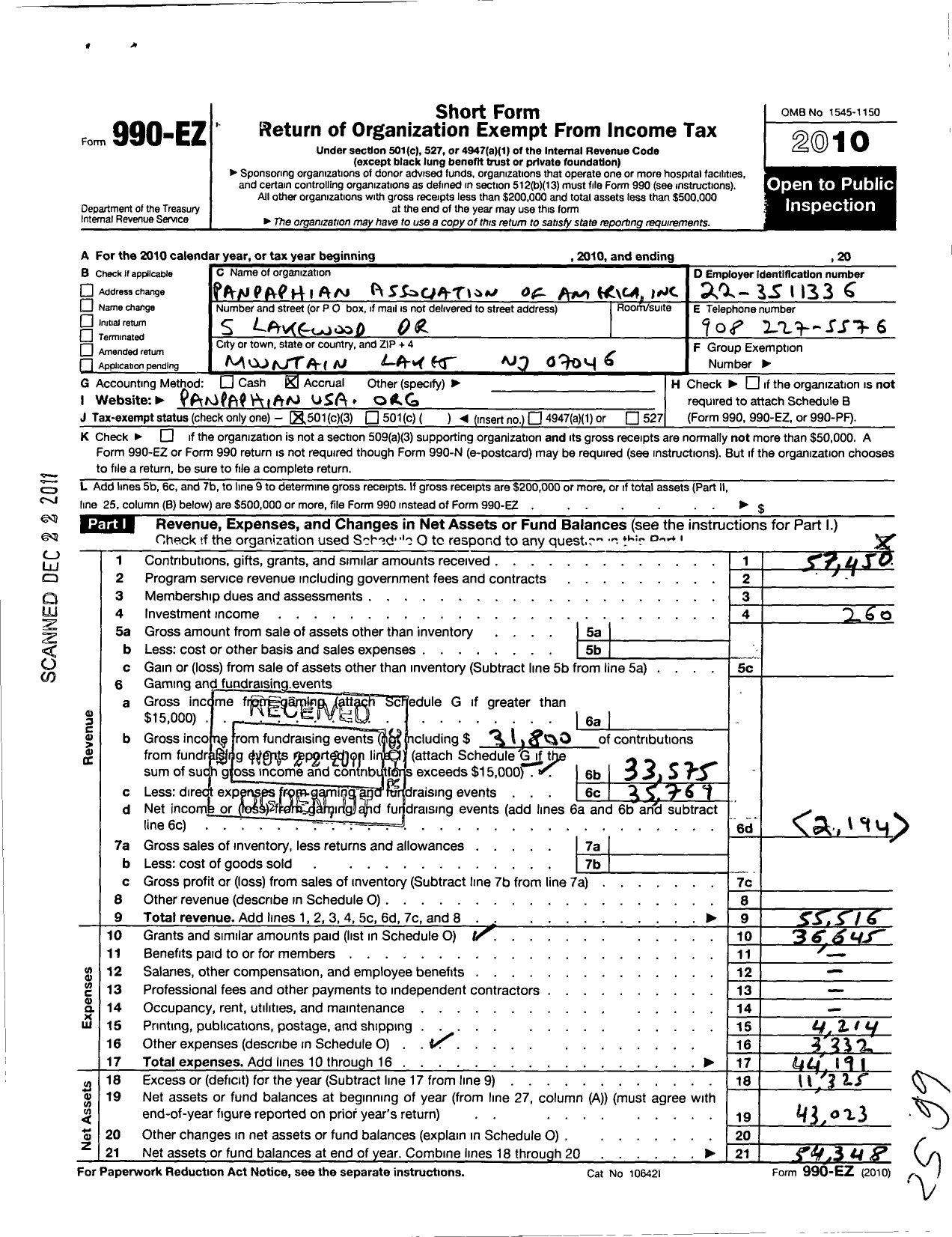 Image of first page of 2010 Form 990EZ for Panpaphian Association of America