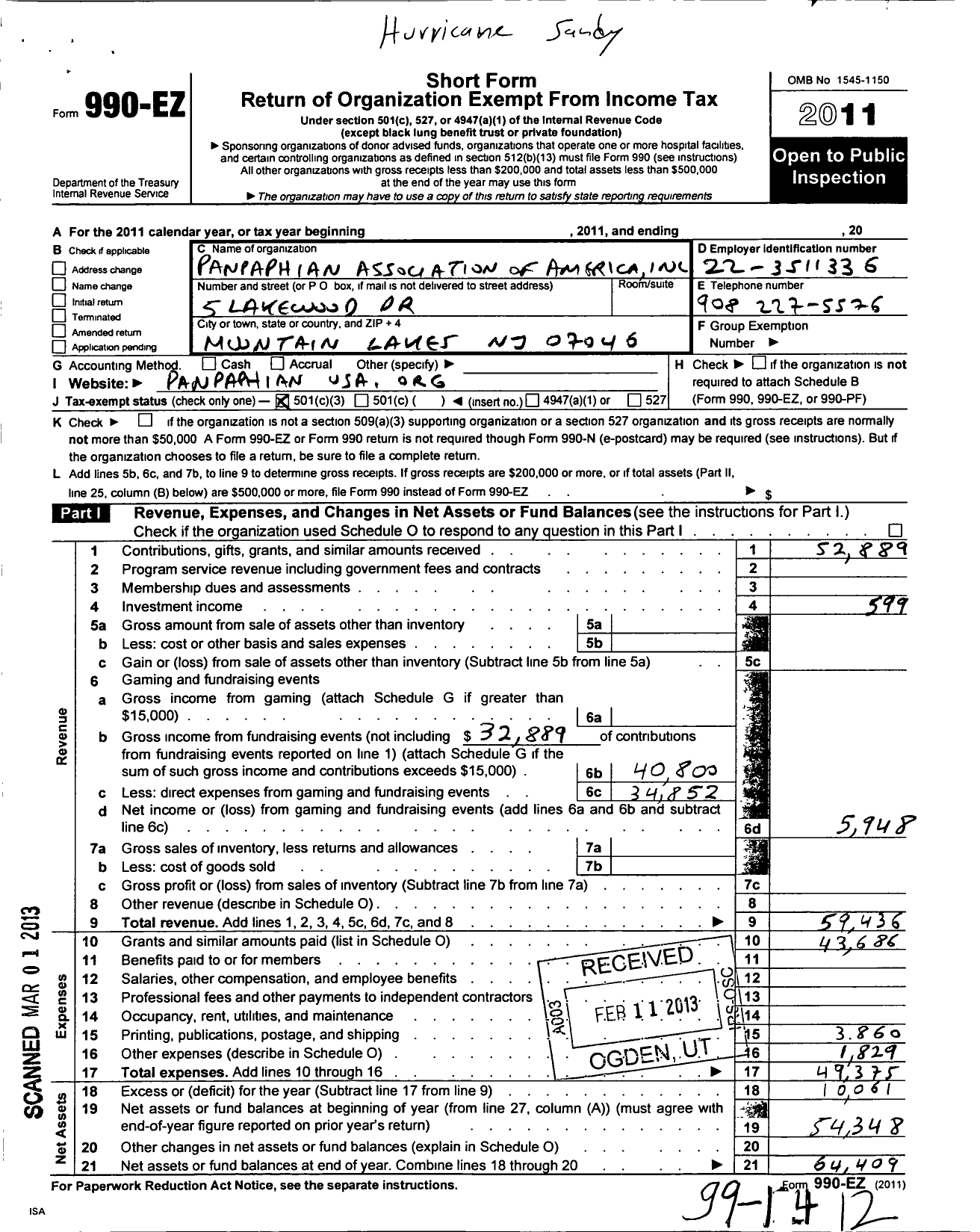 Image of first page of 2011 Form 990EZ for Panpaphian Association of America