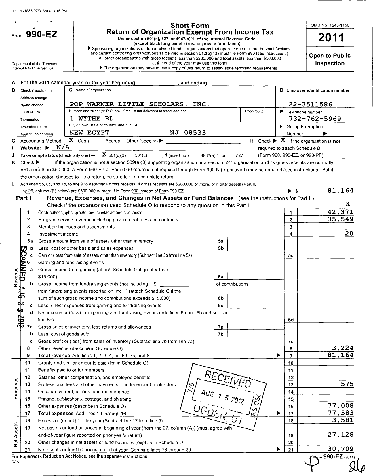 Image of first page of 2011 Form 990EZ for Pop Warner Little Scholars / New Egypt Football Danz & Cheer