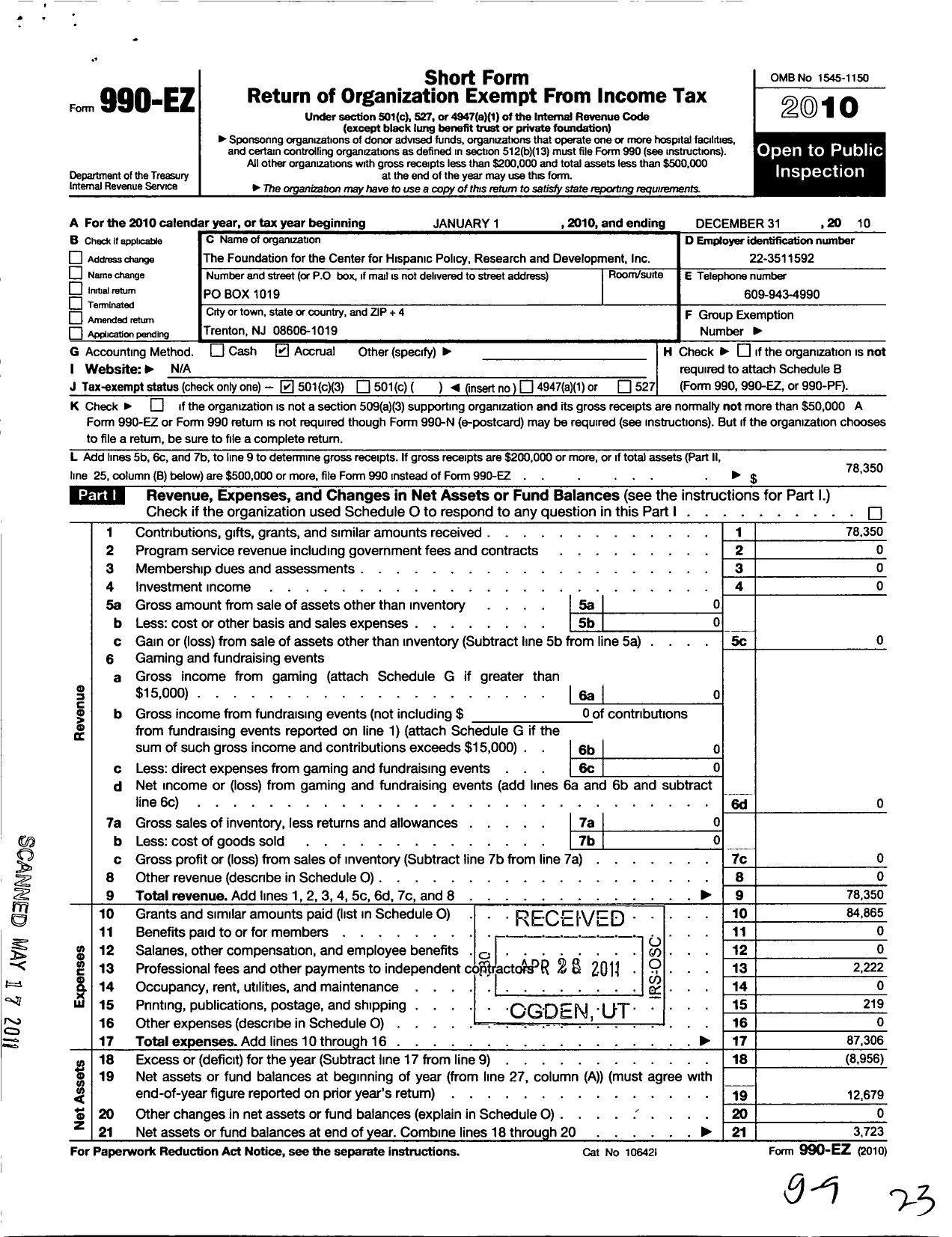 Image of first page of 2010 Form 990EZ for Foundation for the Center for Hispanic Policy Research and Develop
