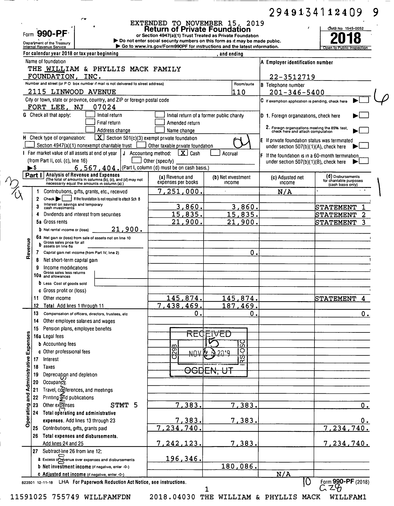 Image of first page of 2018 Form 990PF for William and Phyllis Mack Family Foundation