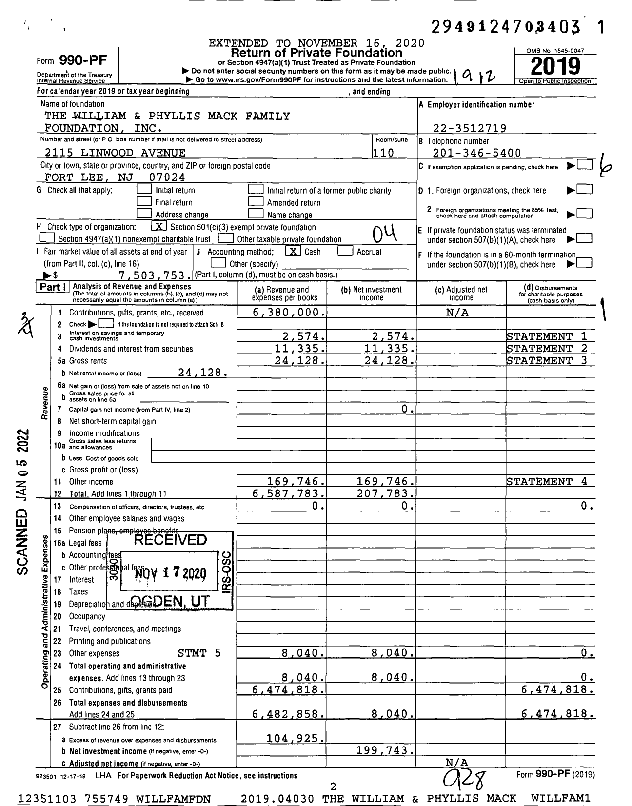 Image of first page of 2019 Form 990PF for William and Phyllis Mack Family Foundation