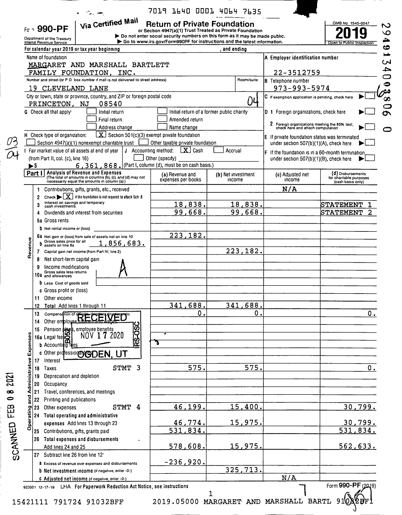 Image of first page of 2019 Form 990PF for Margaret and Marshall Bartlett Family Foundation