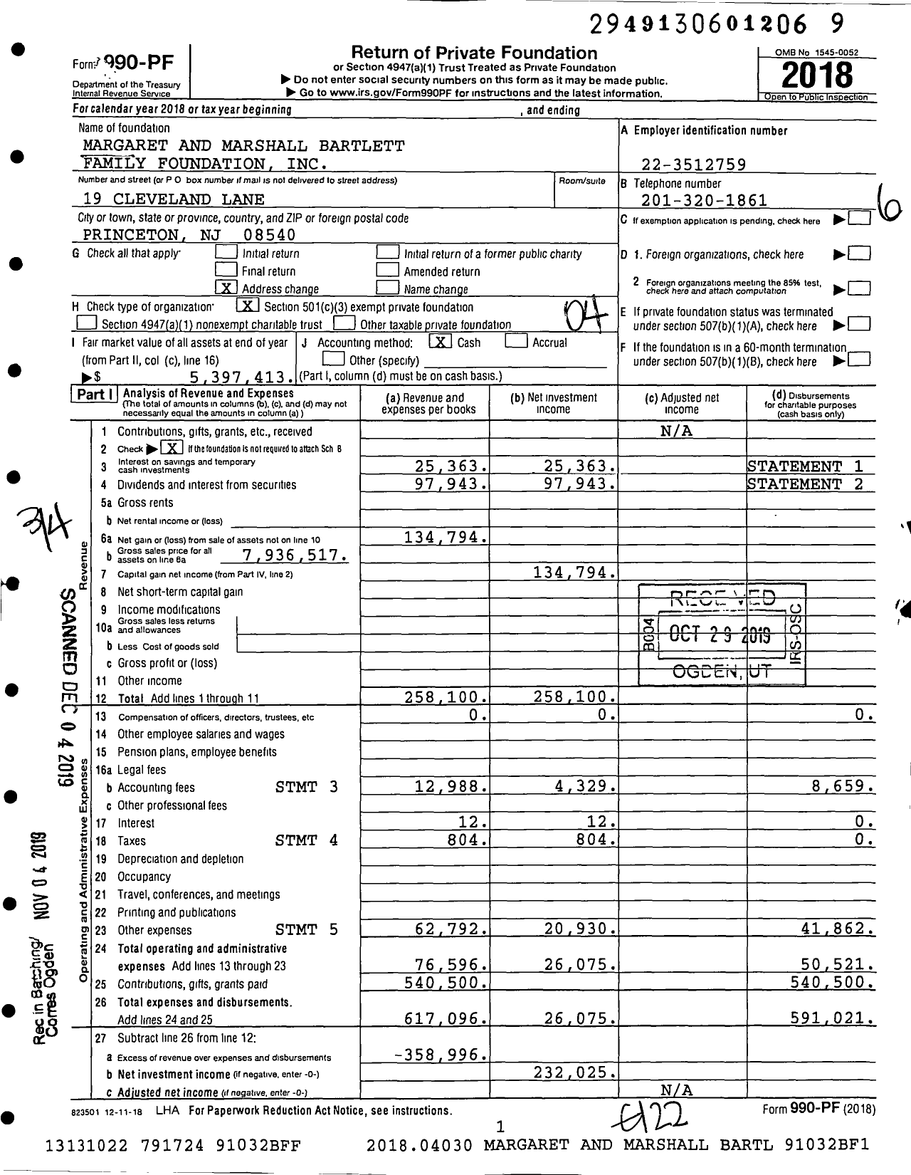 Image of first page of 2018 Form 990PF for Margaret and Marshall Bartlett Family Foundation