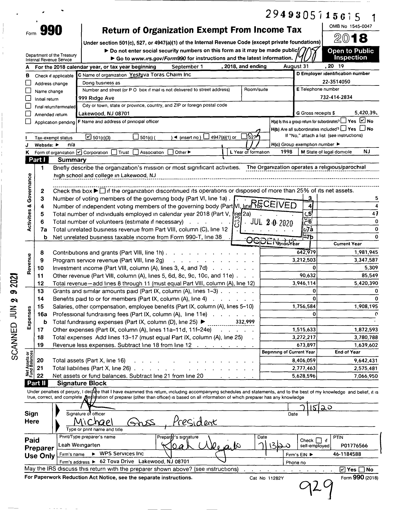 Image of first page of 2018 Form 990 for Yeshivas Toras Chaim