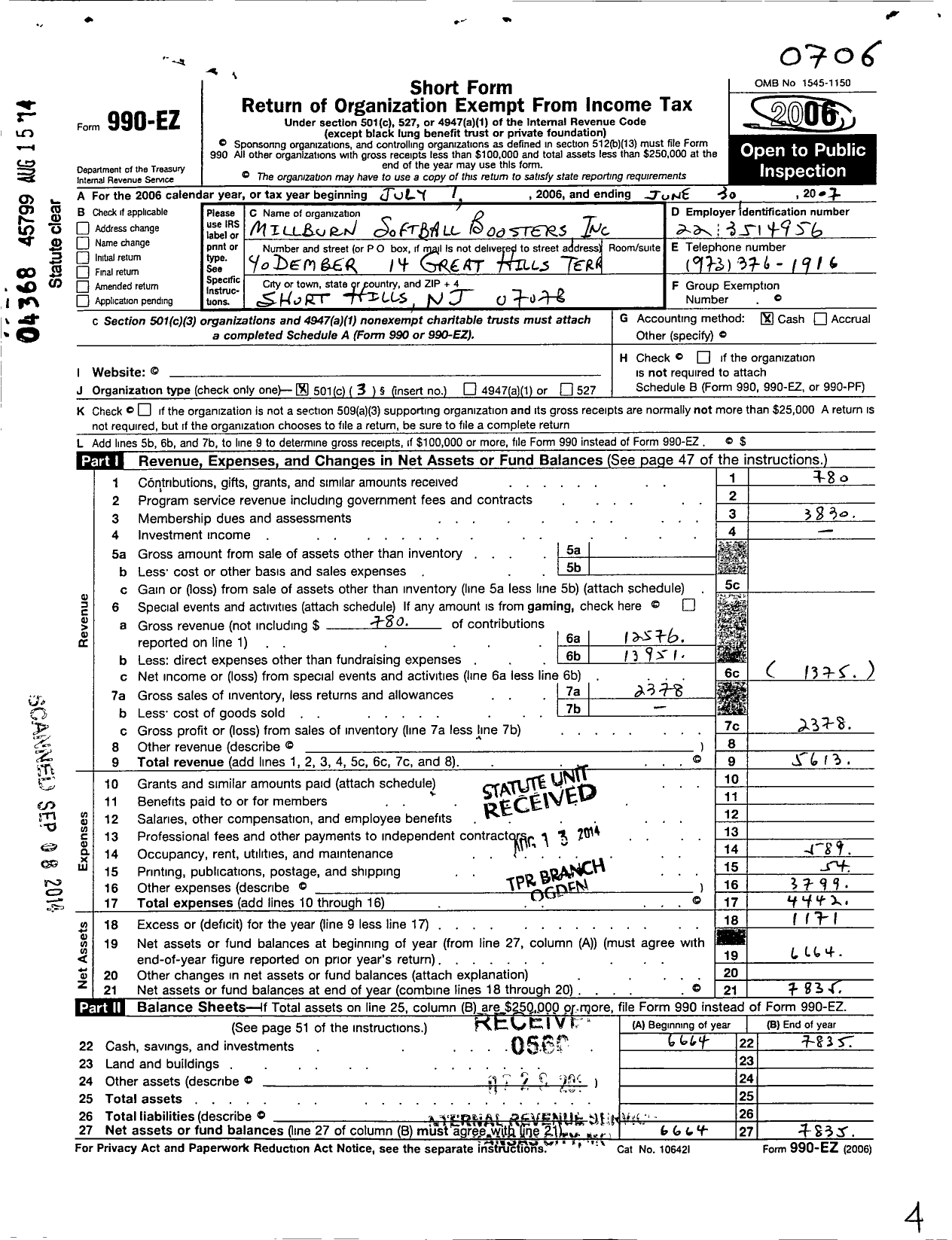 Image of first page of 2006 Form 990EZ for The Millburn Softball Boosters