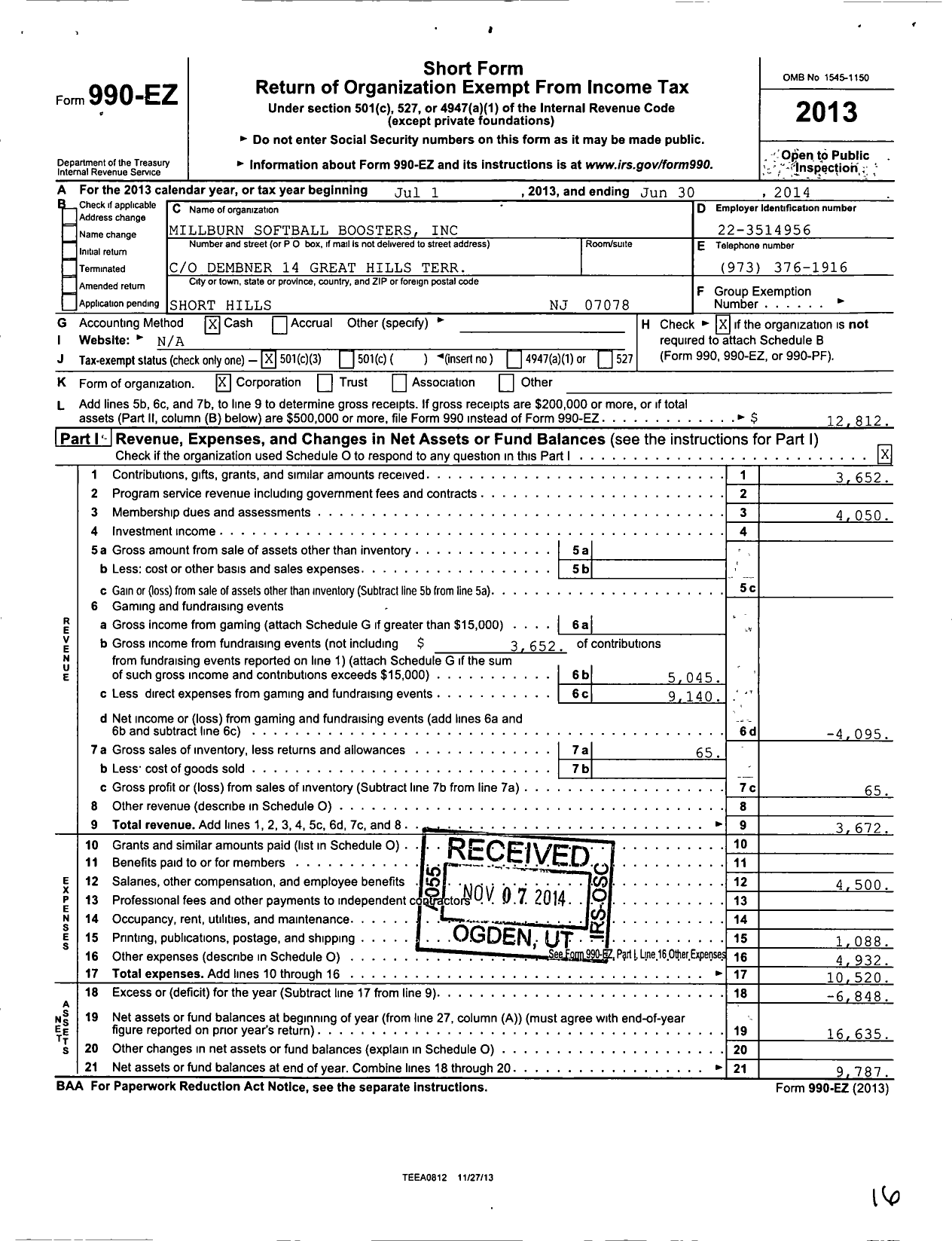 Image of first page of 2013 Form 990EZ for The Millburn Softball Boosters