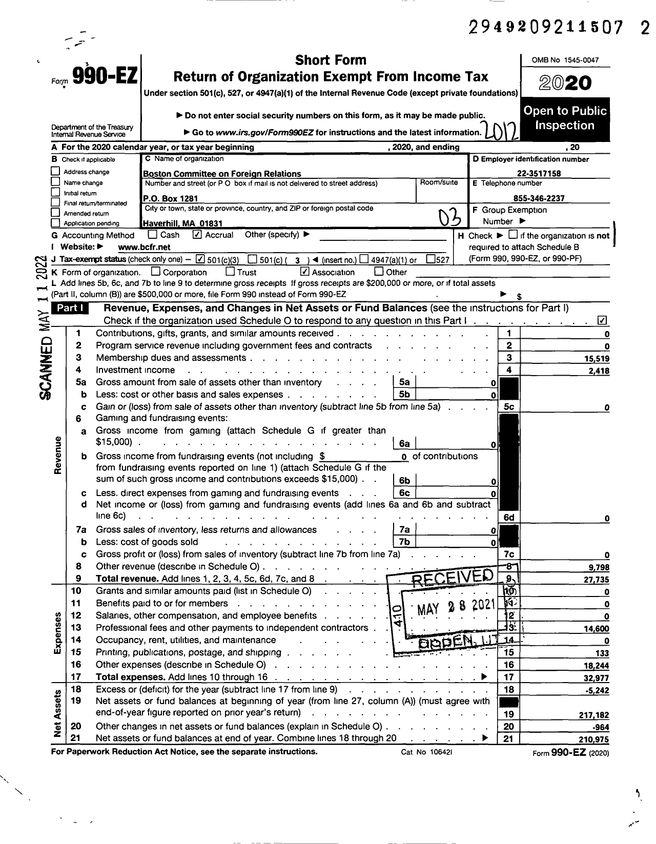 Image of first page of 2020 Form 990EZ for Boston Committee on Foreign Relations