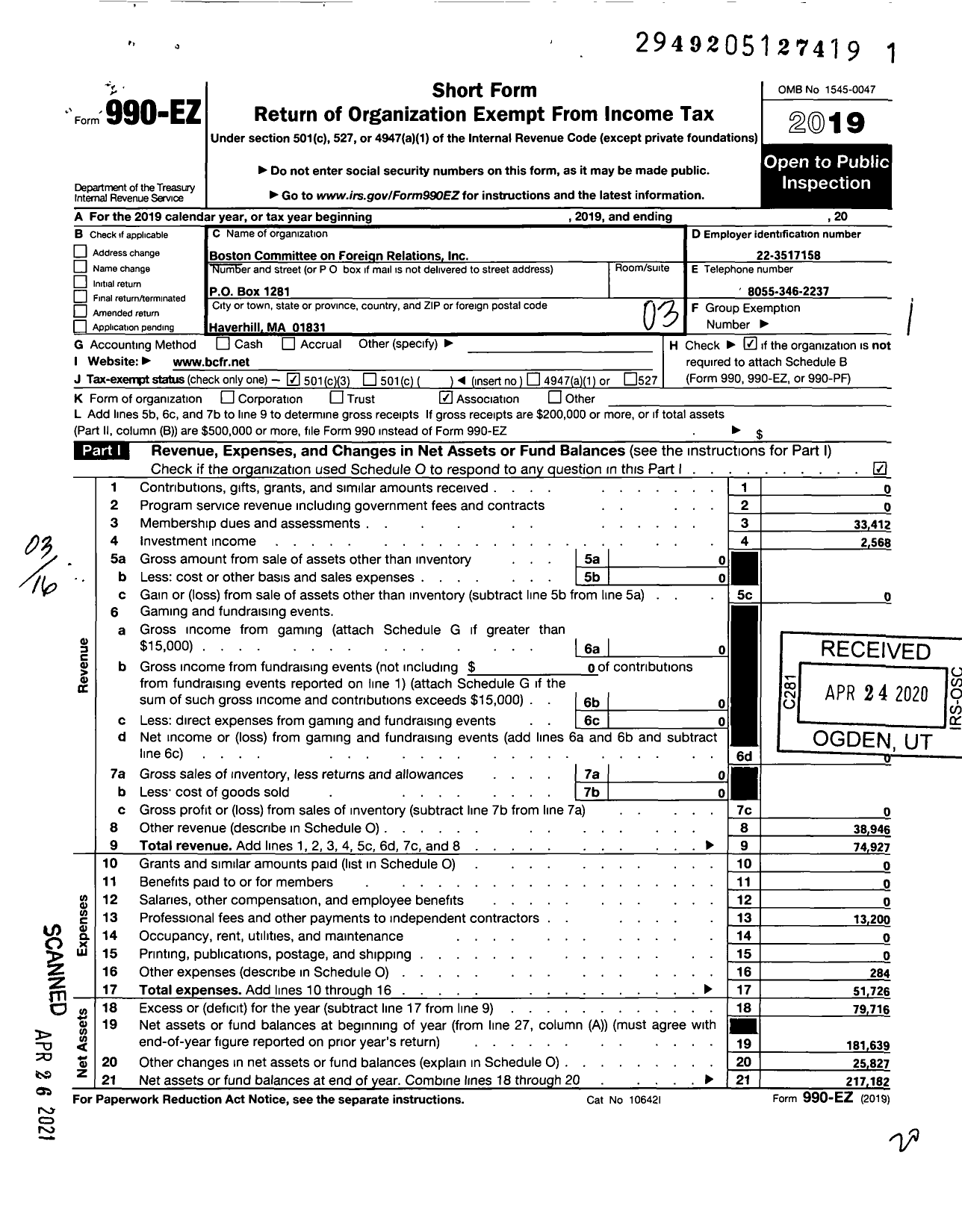 Image of first page of 2019 Form 990EZ for Boston Committee on Foreign Relations