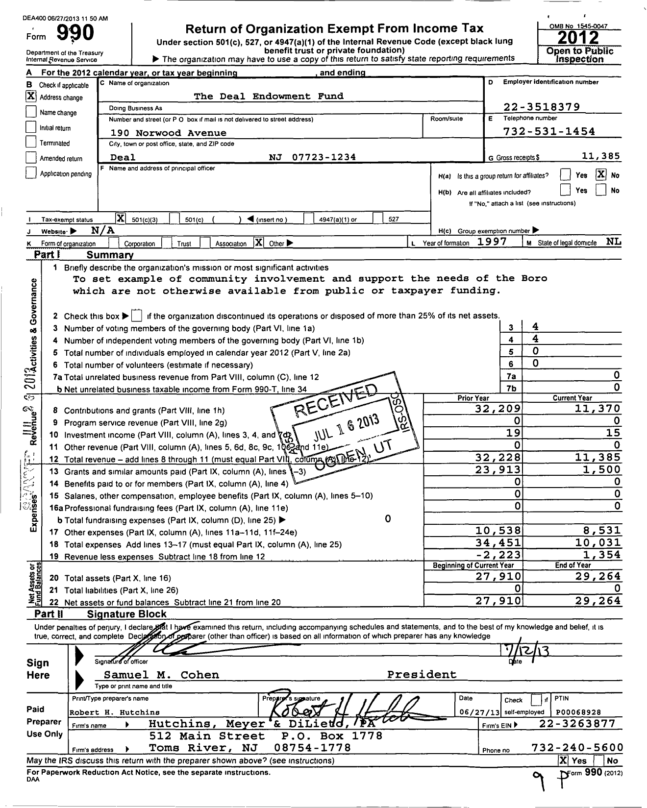 Image of first page of 2012 Form 990 for Deal Endowment Fund