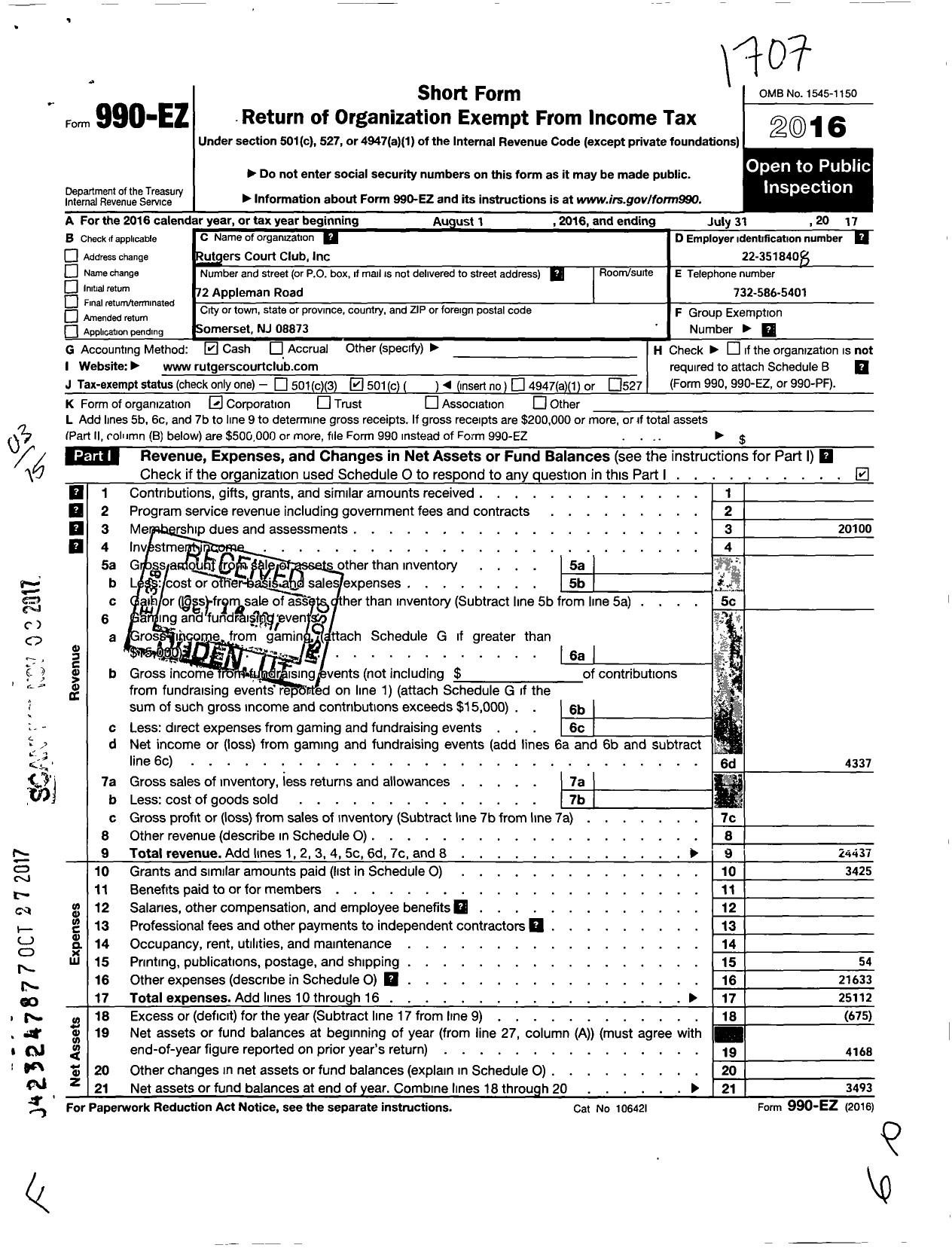 Image of first page of 2016 Form 990EO for Rutgers Court Club