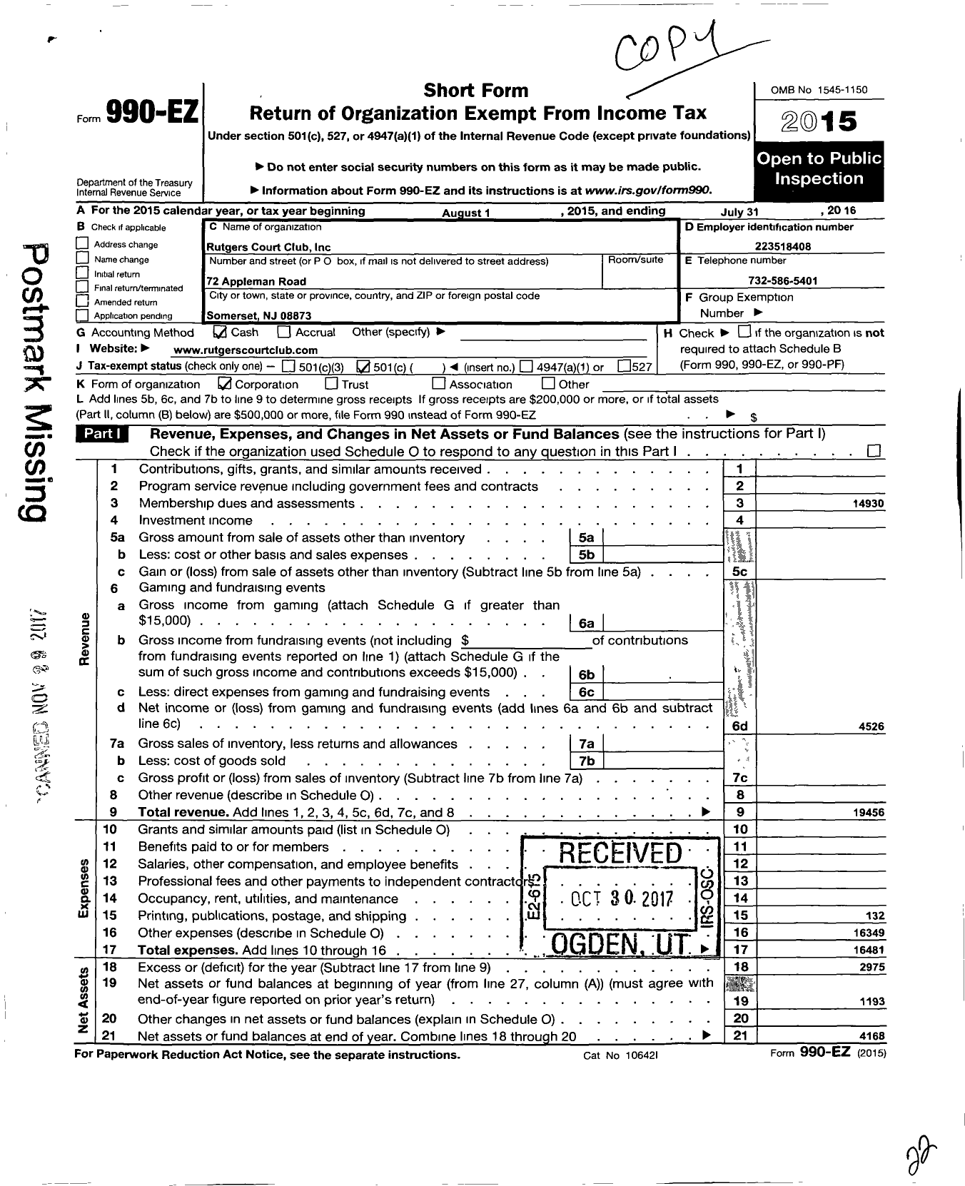 Image of first page of 2015 Form 990EO for Rutgers Court Club