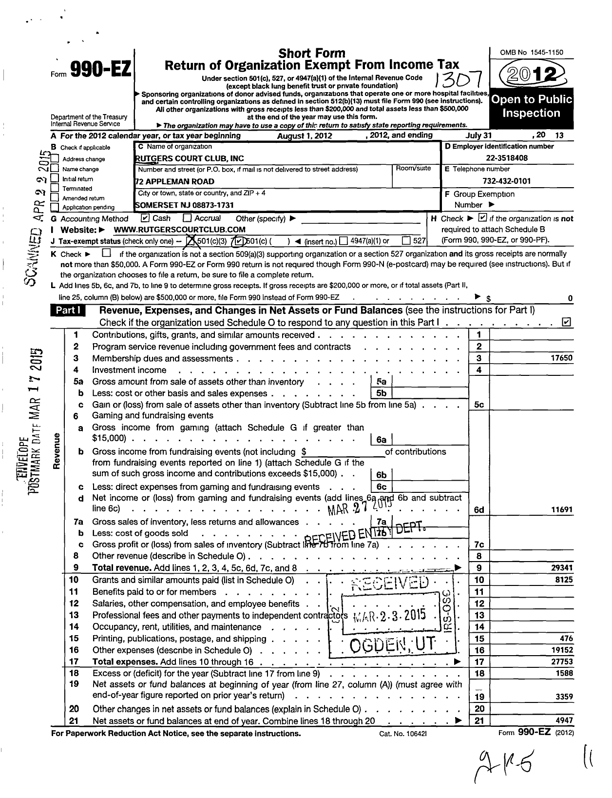 Image of first page of 2012 Form 990EZ for Rutgers Court Club