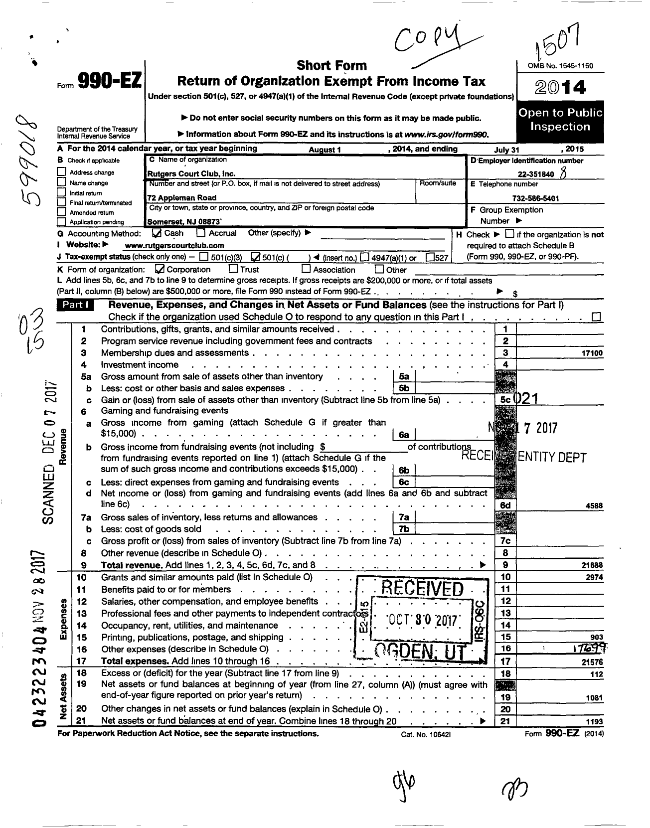 Image of first page of 2014 Form 990EZ for Rutgers Court Club