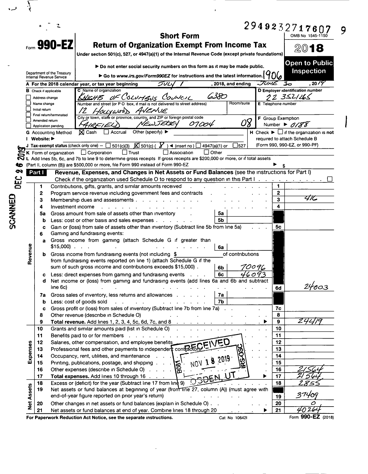 Image of first page of 2018 Form 990EO for Knights of Columbus - 6380 Fairfield Council