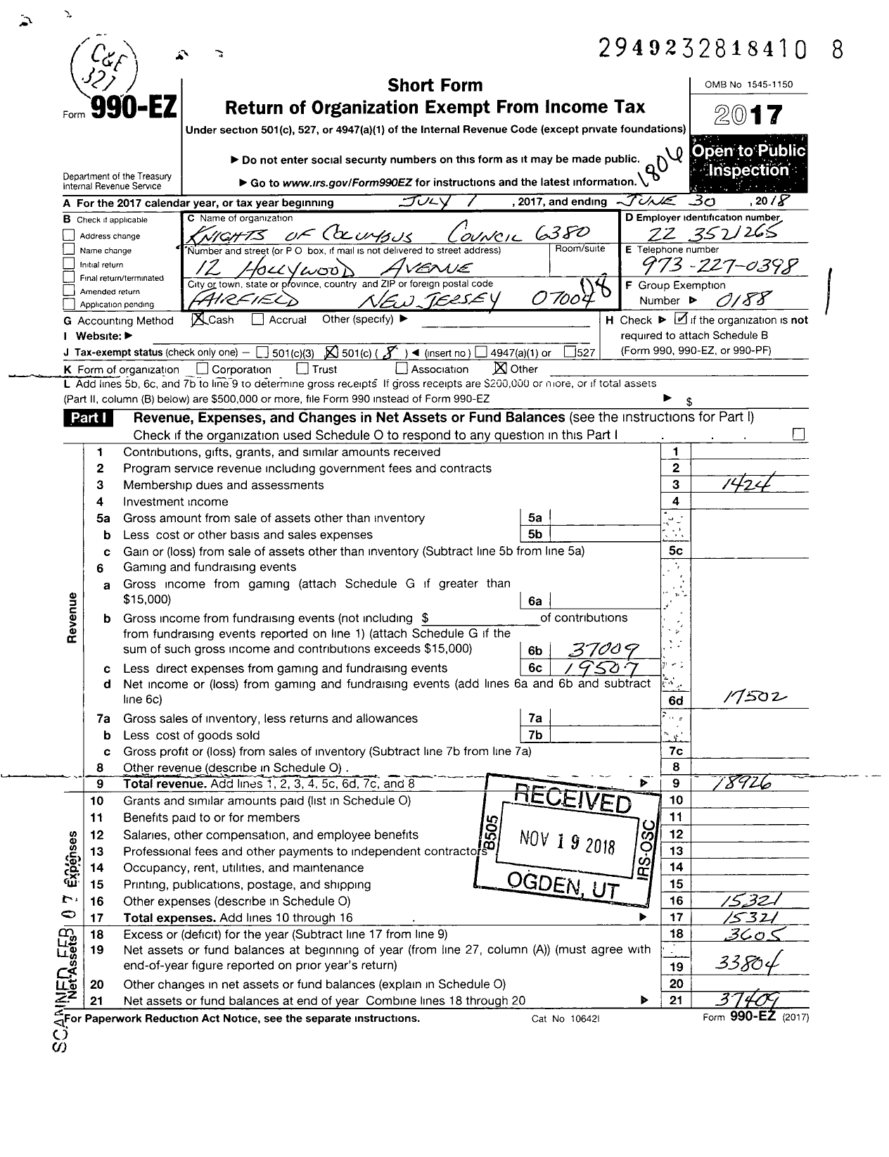 Image of first page of 2017 Form 990EO for Knights of Columbus - 6380 Fairfield Council