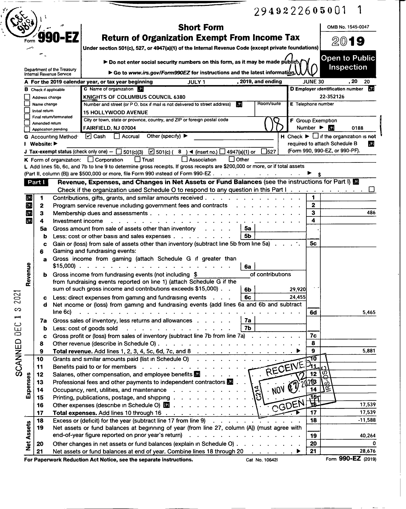 Image of first page of 2019 Form 990EO for Knights of Columbus - 6380 Fairfield Council