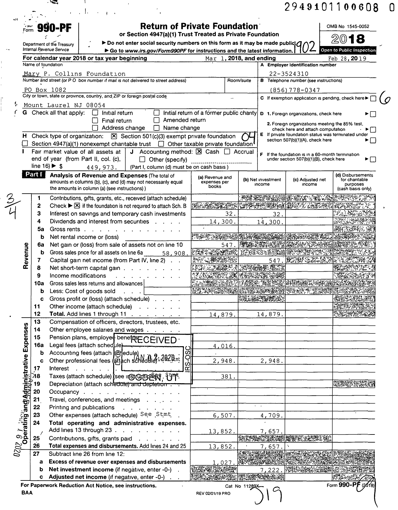 Image of first page of 2018 Form 990PR for Mary P Collins Foundation