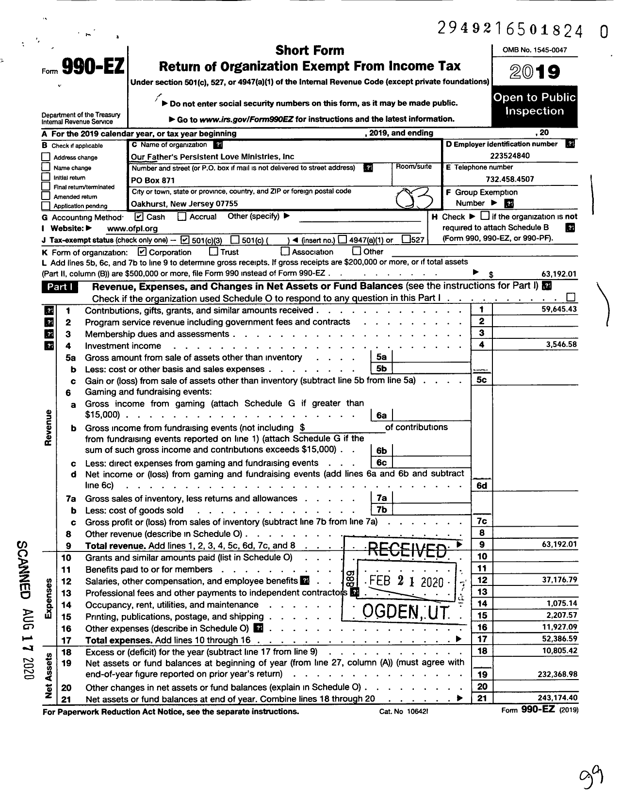 Image of first page of 2019 Form 990EZ for Our Fathers Persistent Love Ministries