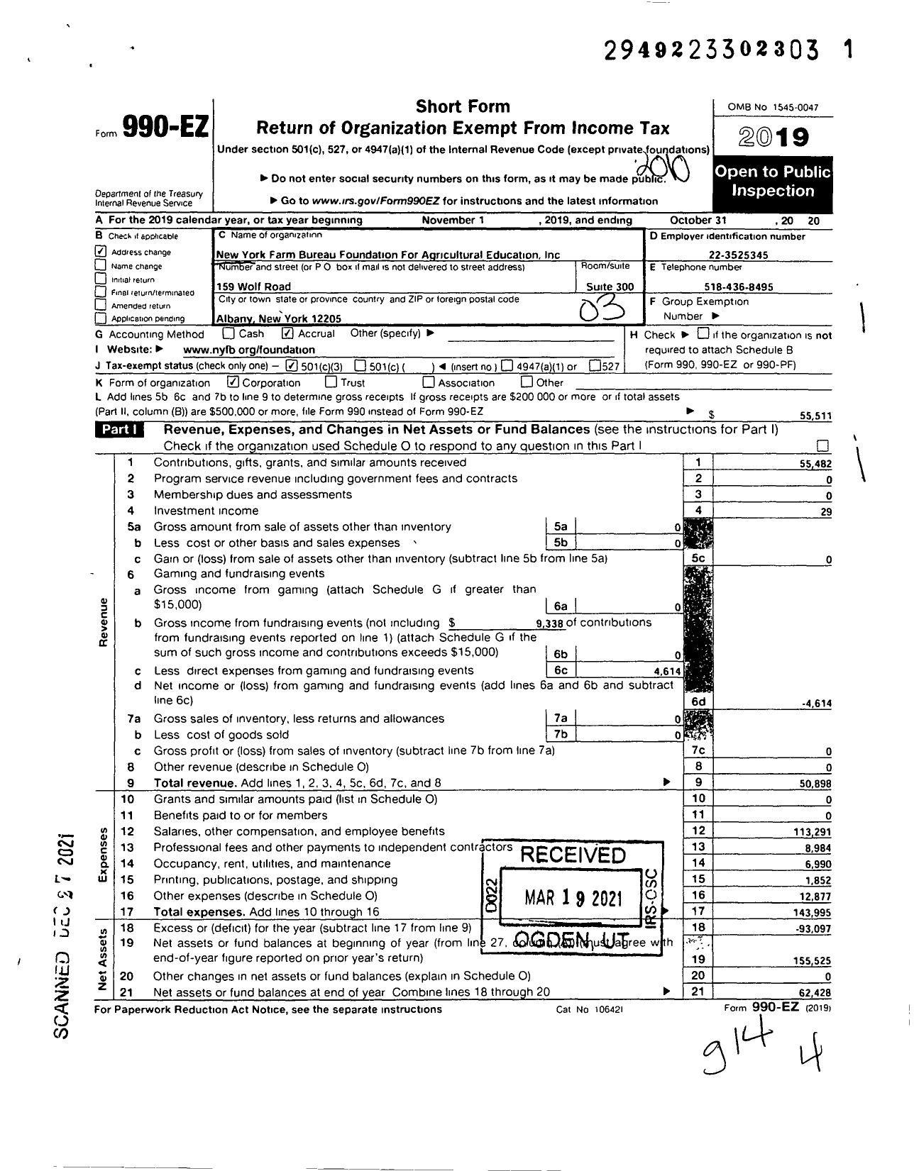 Image of first page of 2019 Form 990EZ for New York Farm Bureau Foundation for Agricultural Education