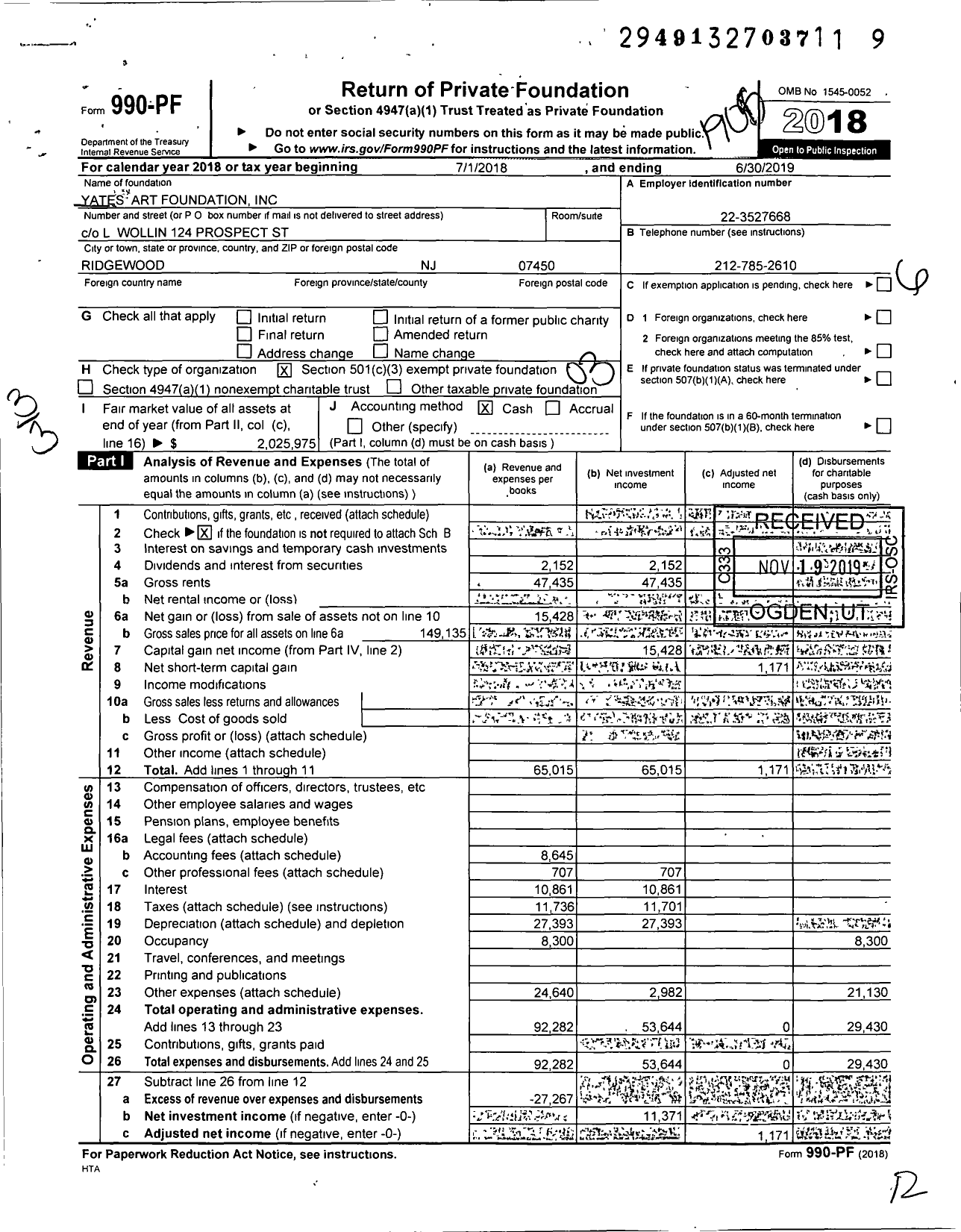 Image of first page of 2018 Form 990PF for Global Academy for Inspirational Arts FOUNDATION