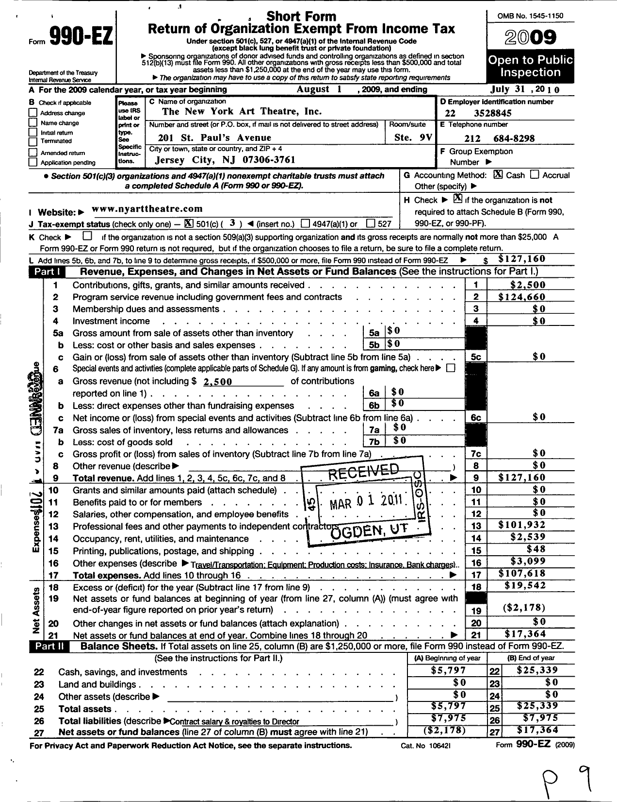 Image of first page of 2009 Form 990EZ for New York Art Theatre