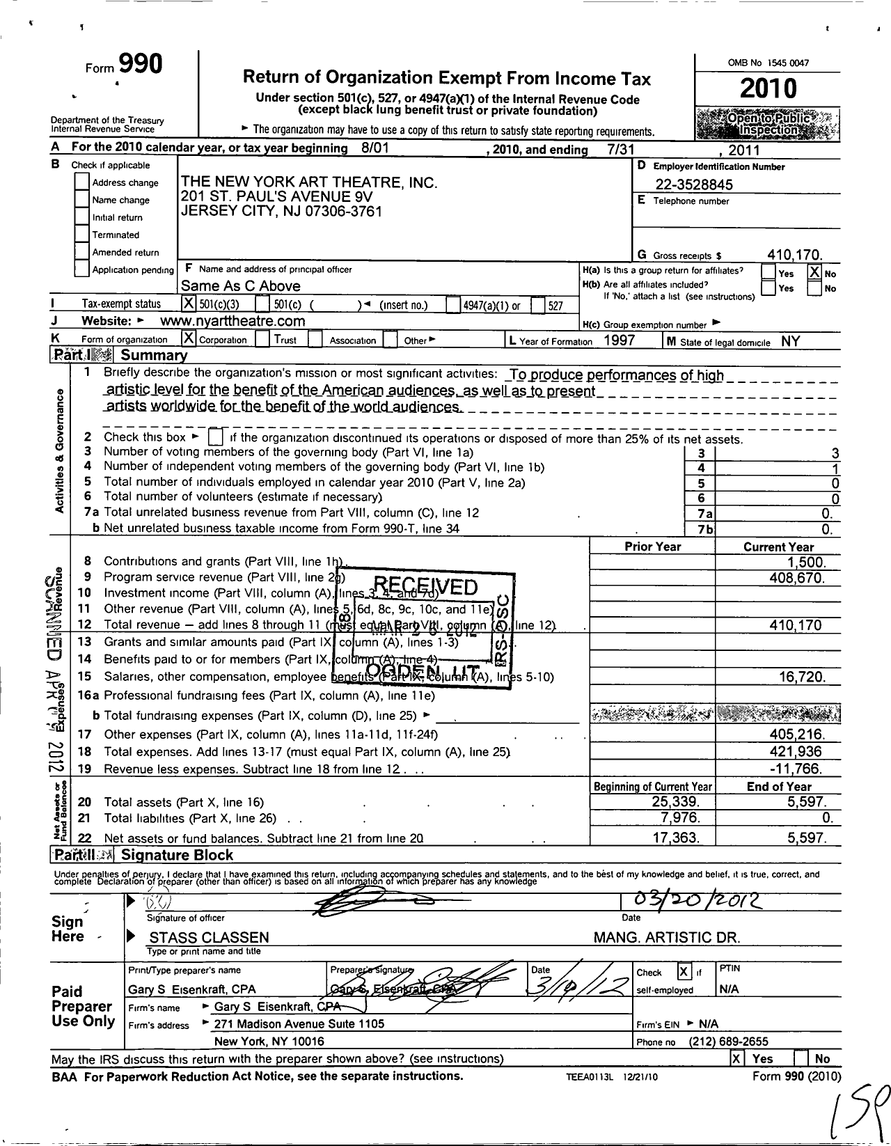 Image of first page of 2010 Form 990 for New York Art Theatre