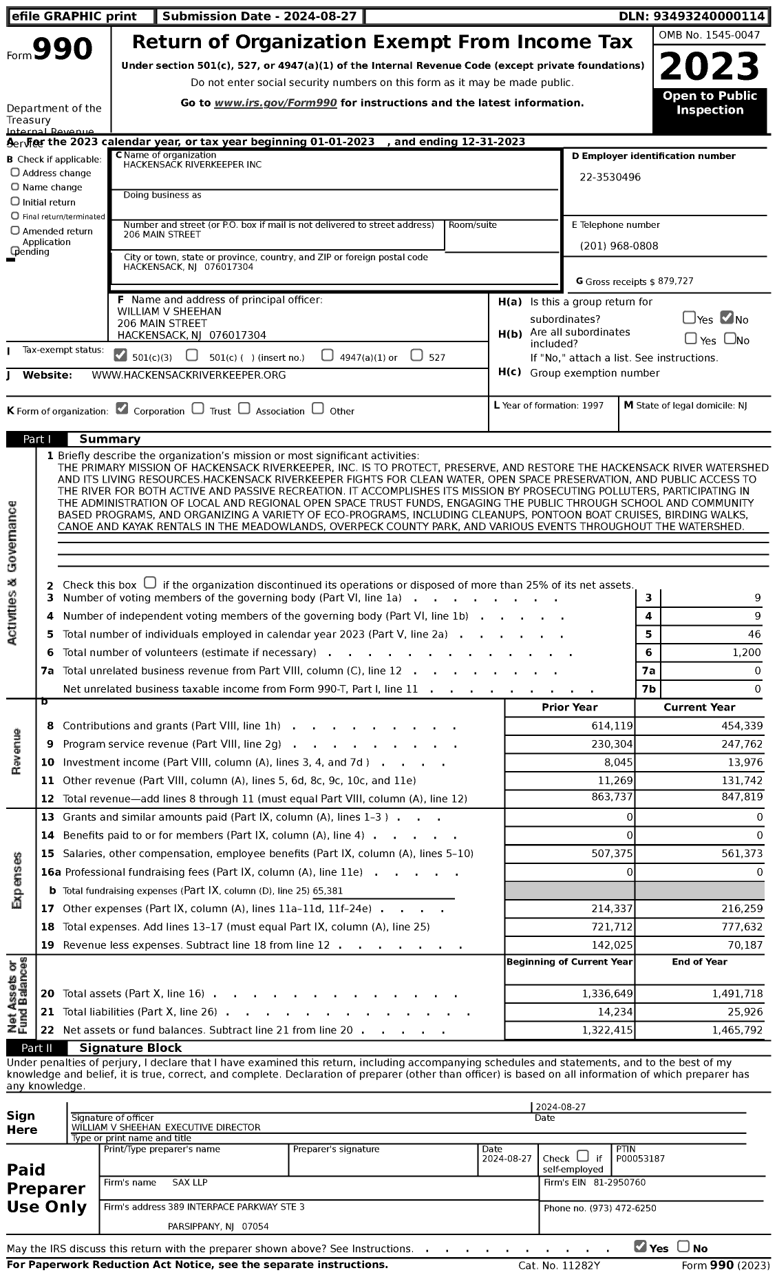 Image of first page of 2023 Form 990 for Hackensack Riverkeeper