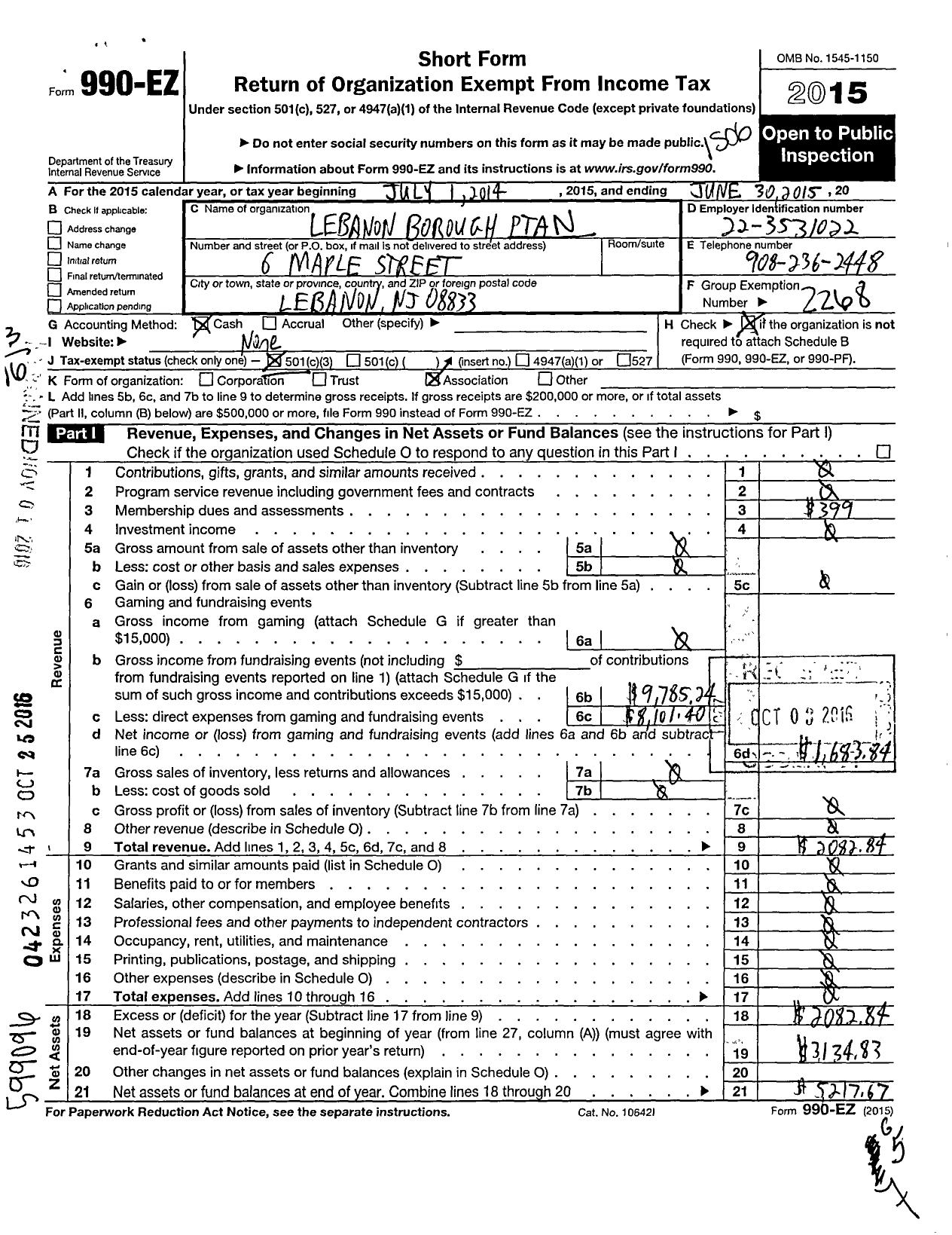 Image of first page of 2014 Form 990EZ for New Jersey PTA - 10892 Lebanon Borough PTA