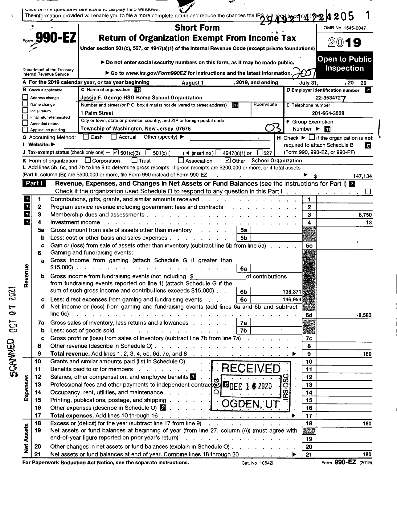 Image of first page of 2019 Form 990EZ for Jessie F George H S O-Home School Organ