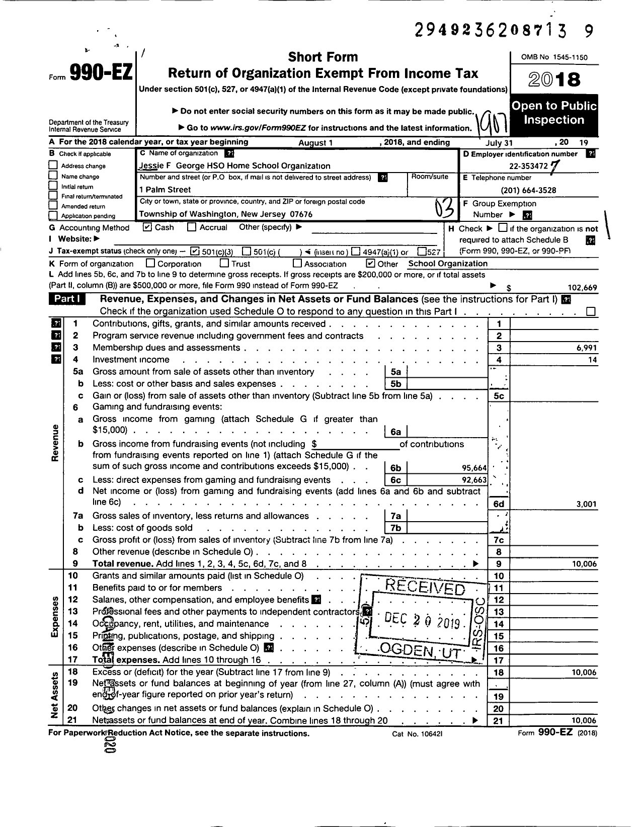 Image of first page of 2018 Form 990EZ for Jessie F George H S O-Home School Organ